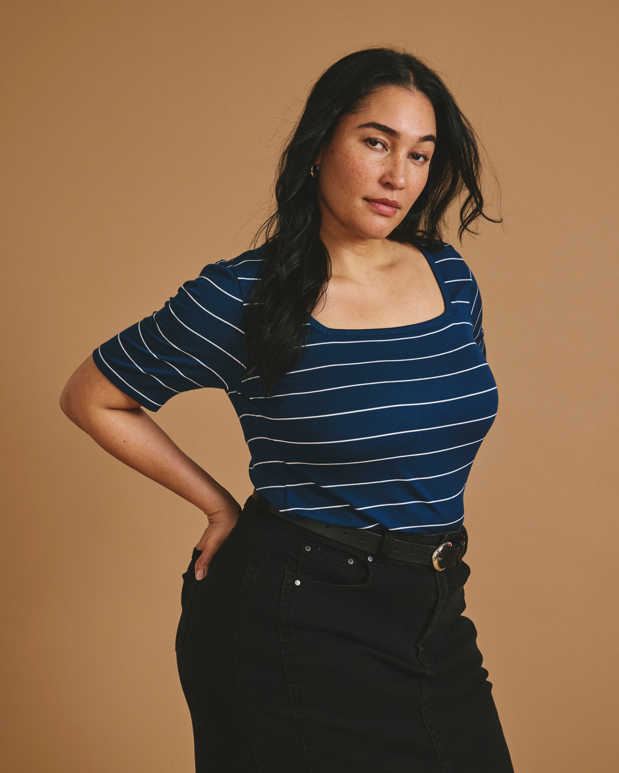 Cloud Rib Short Sleeve Square Neck Tee - Teal/White Microstripe | Plus Size & Straight Size Women's Fashion | Universal Standard