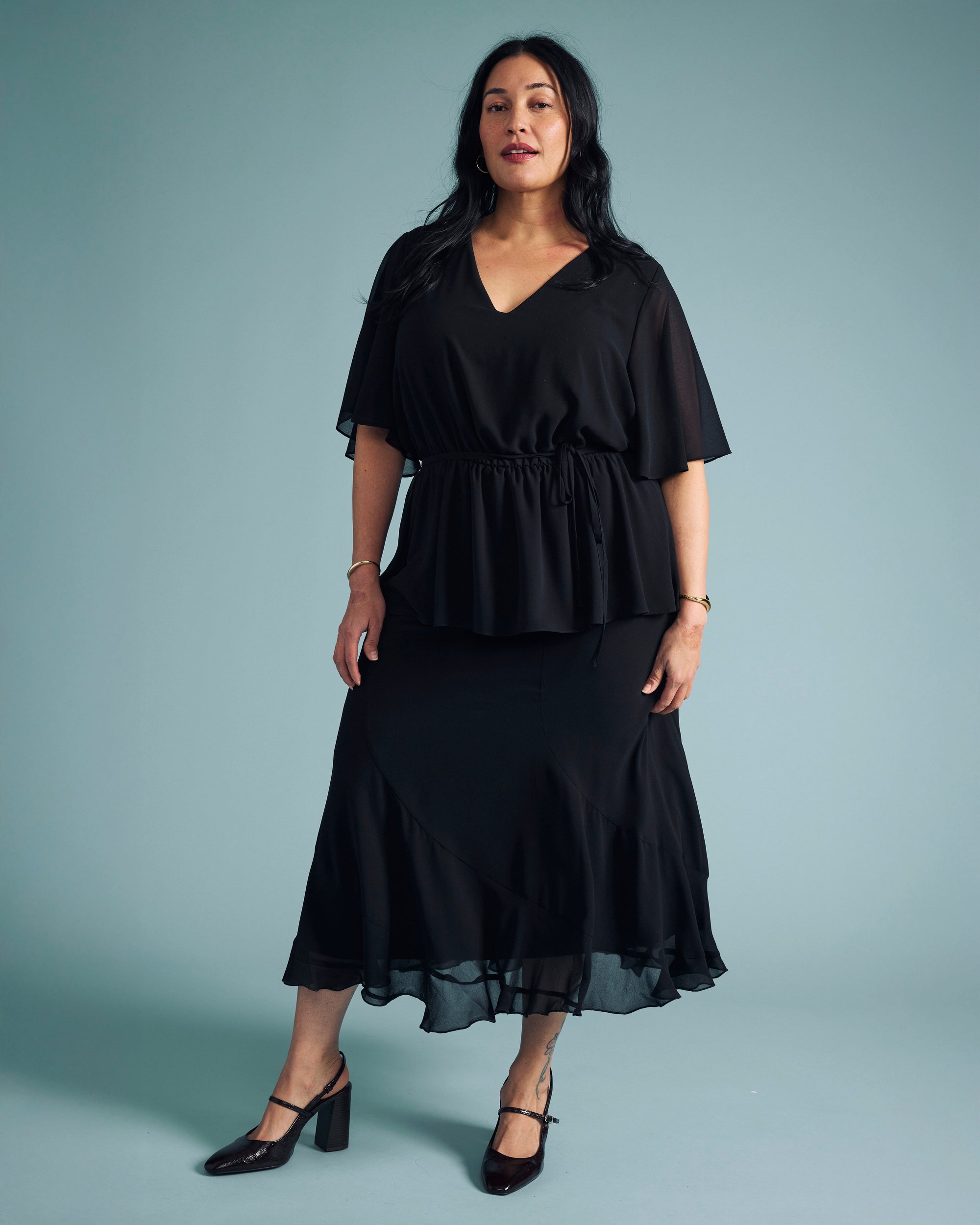 Milou V-Neck Peplum Chiffon Top - Black