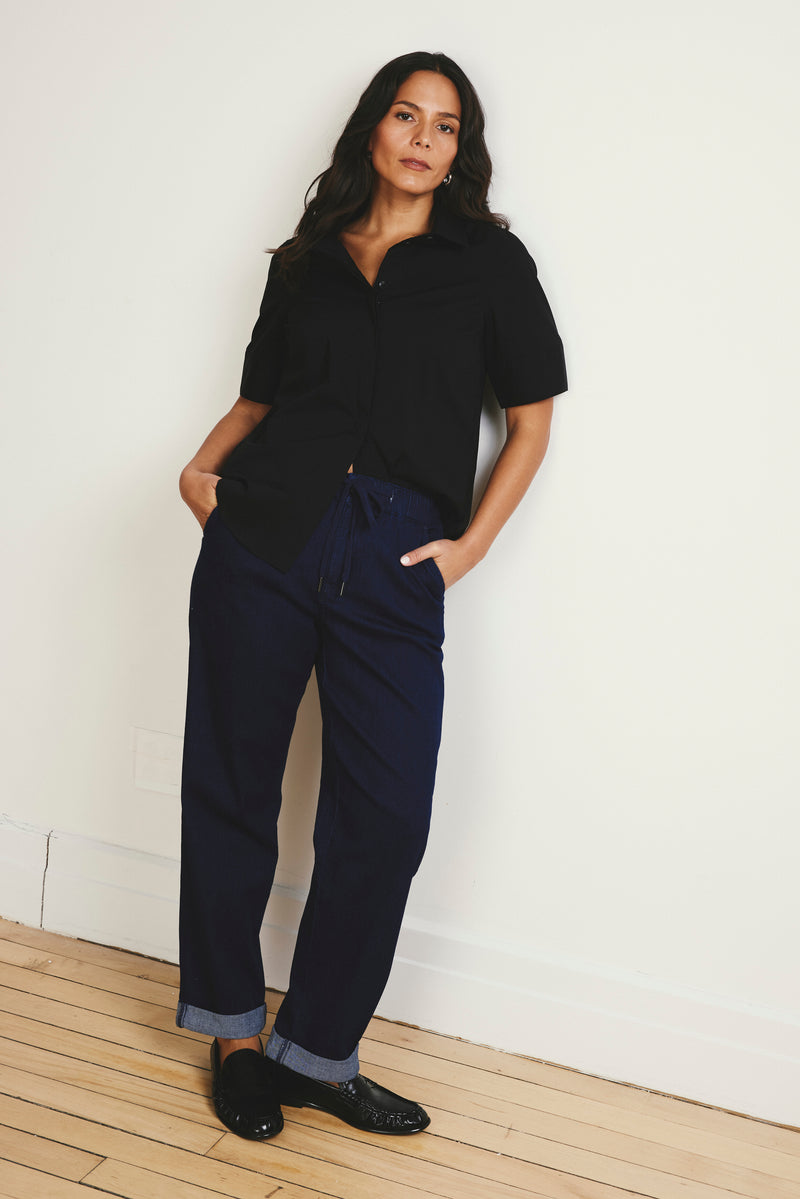 Woman wearing ComfortDenim Drawstring Jeans - Dark Indigo from Universal Standard