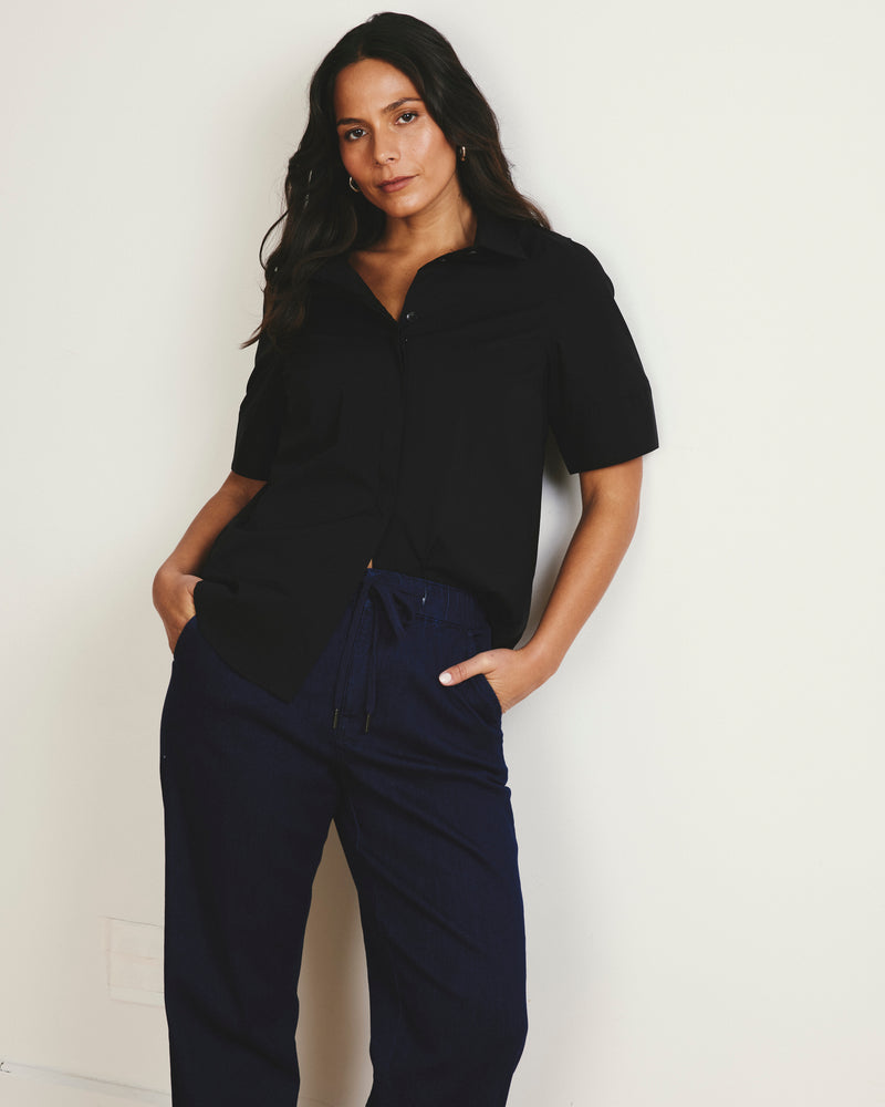 Woman wearing ComfortDenim Drawstring Jeans - Dark Indigo from Universal Standard