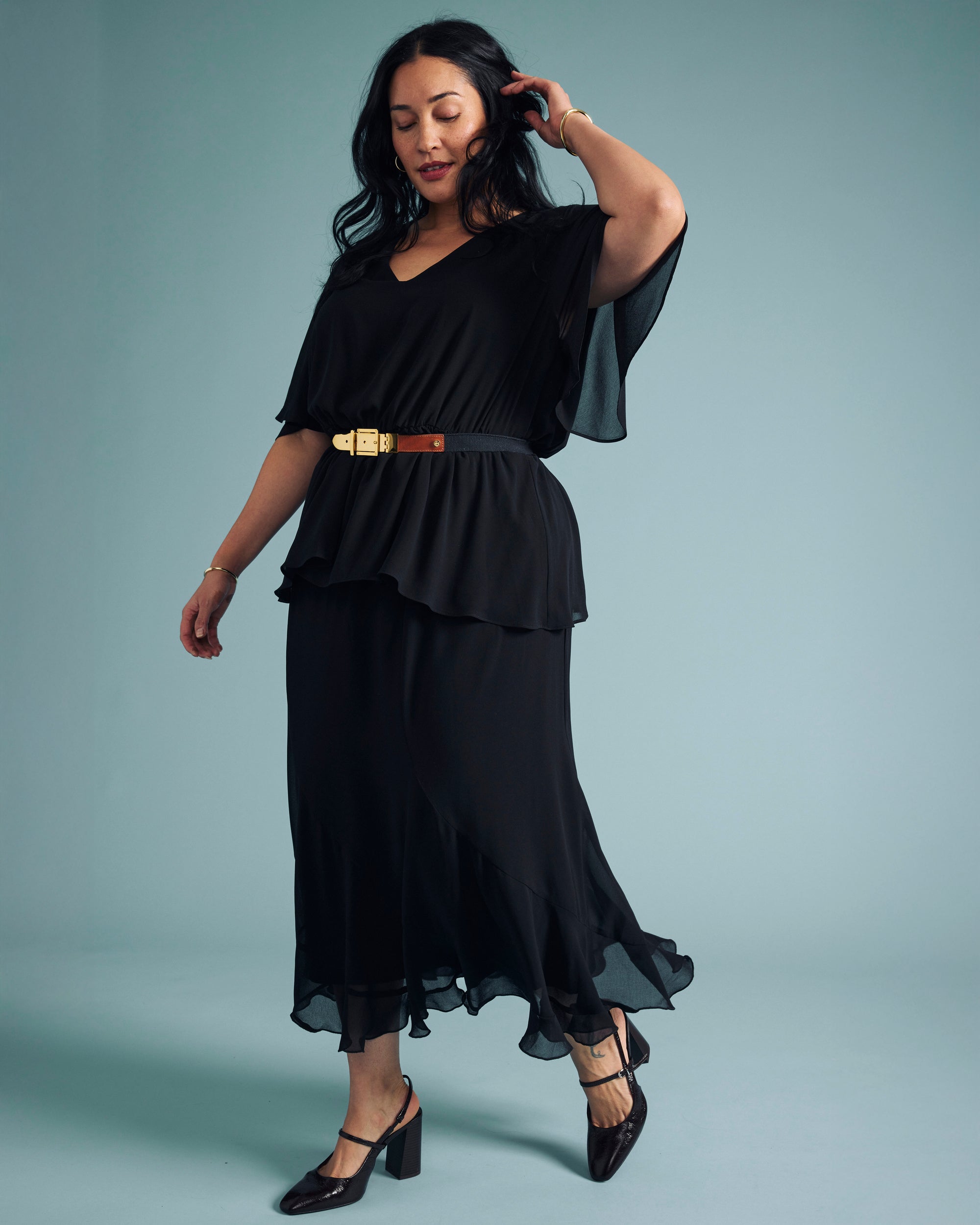 Milou V-Neck Peplum Chiffon Top - Black