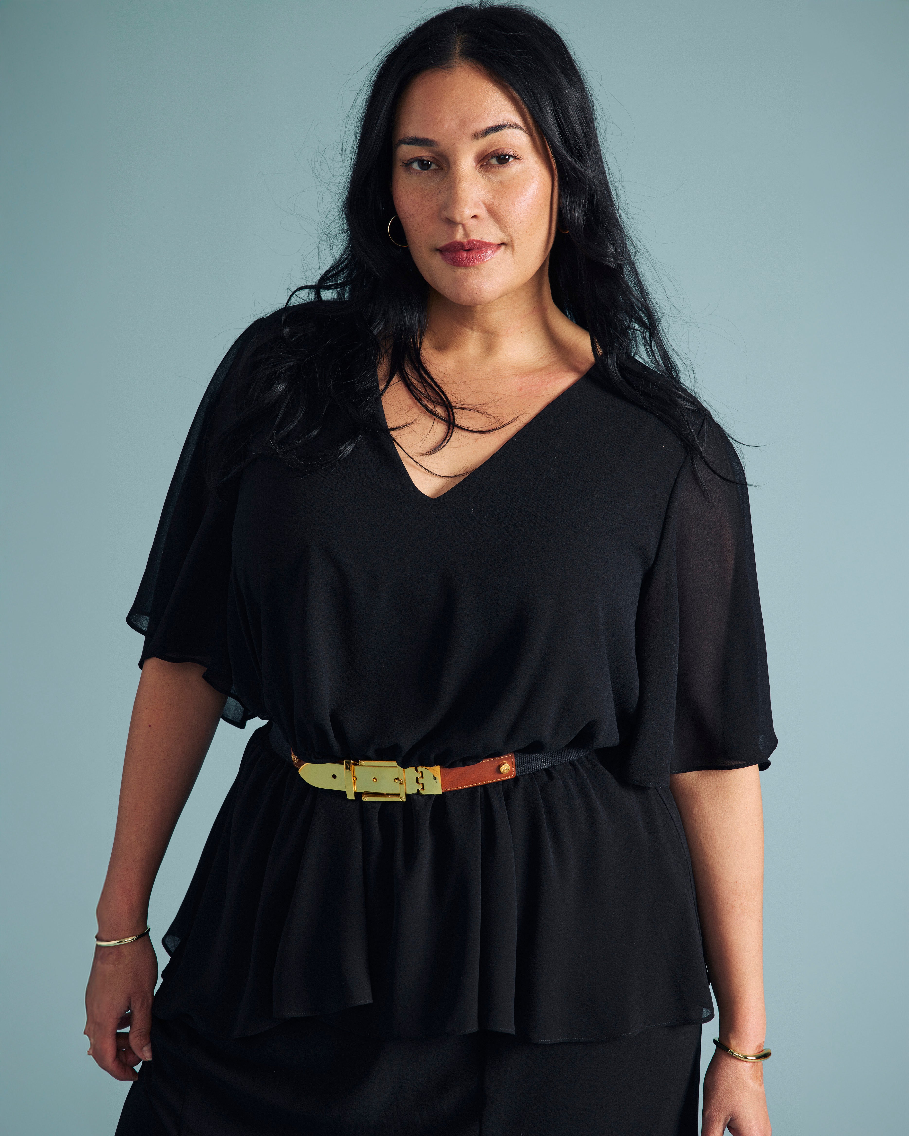 Milou V-Neck Peplum Chiffon Top - Black