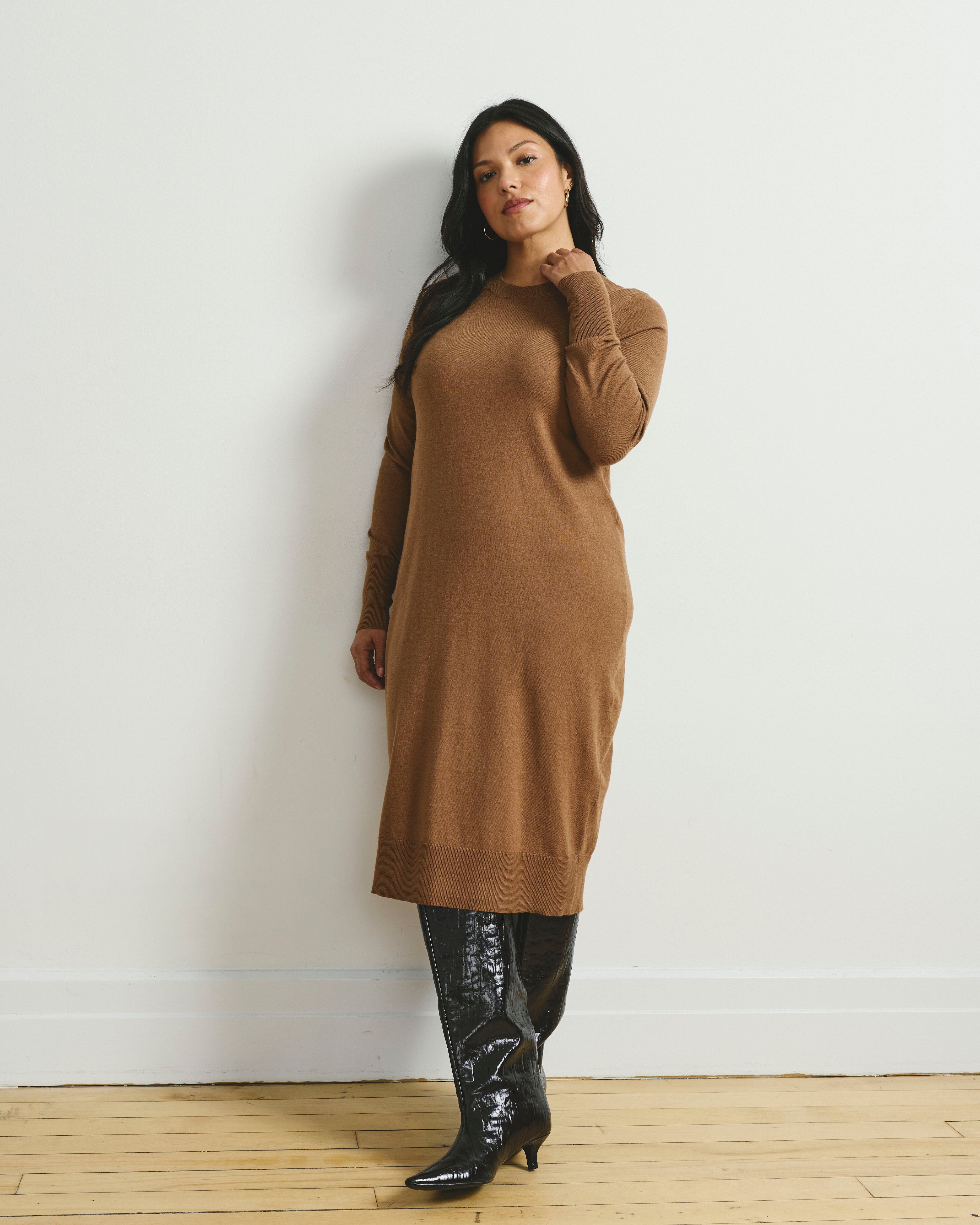 Savvy Fine Knit Everyday Sweater Dress - Classic Camel