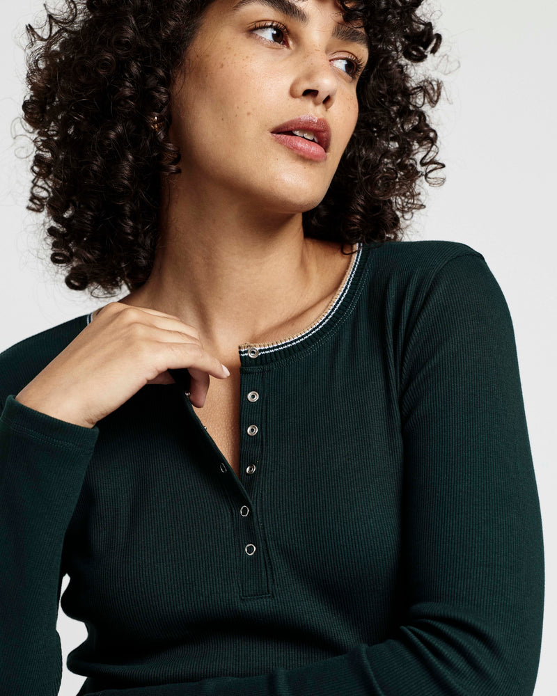Henley Long Sleeve Ribbed Tee - Forest Green/Striped Trim | Plus Size & Straight Size Women's Fashion | Universal Standard