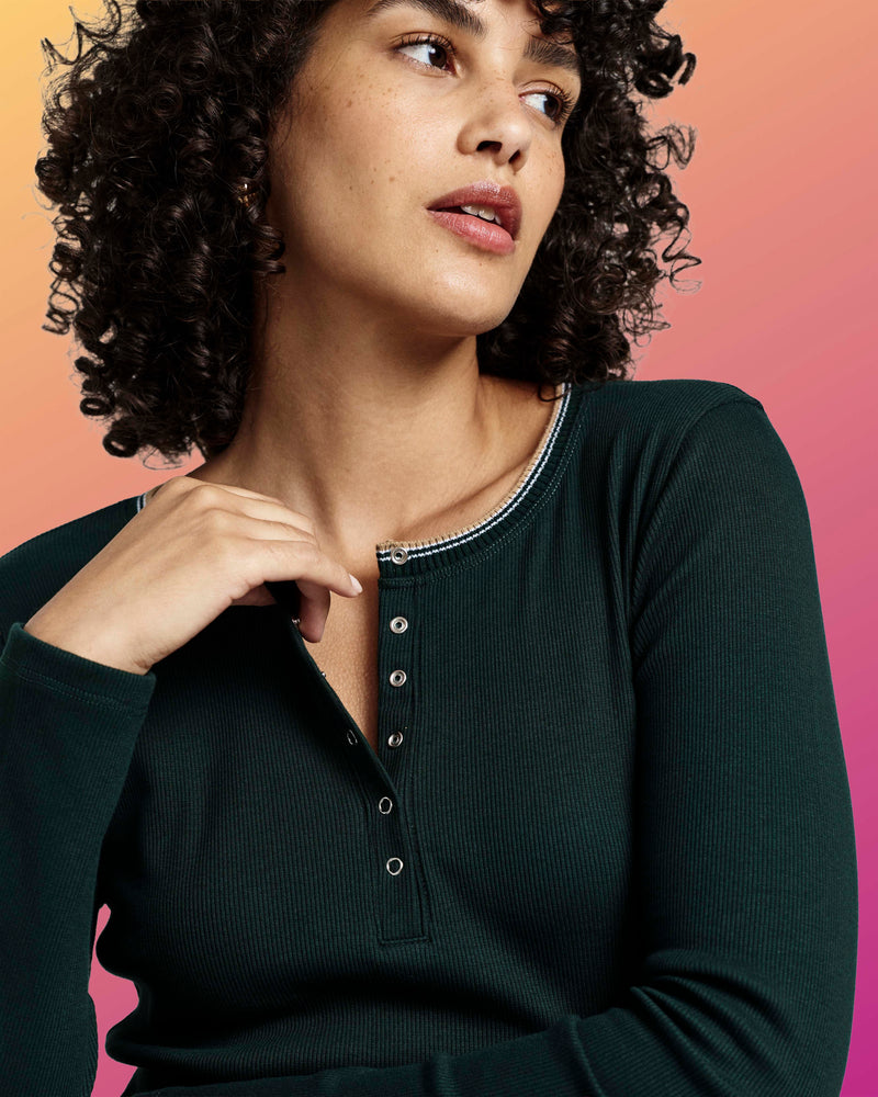 Henley Long Sleeve Ribbed Tee - Forest Green/Striped Trim | Plus Size & Straight Size Women's Fashion | Universal Standard