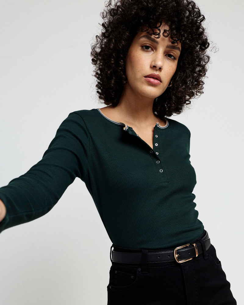 Henley Long Sleeve Ribbed Tee - Forest Green/Striped Trim | Plus Size & Straight Size Women's Fashion | Universal Standard