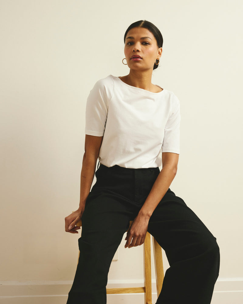 Woman wearing Bella Boatneck Tee - White from Universal Standard