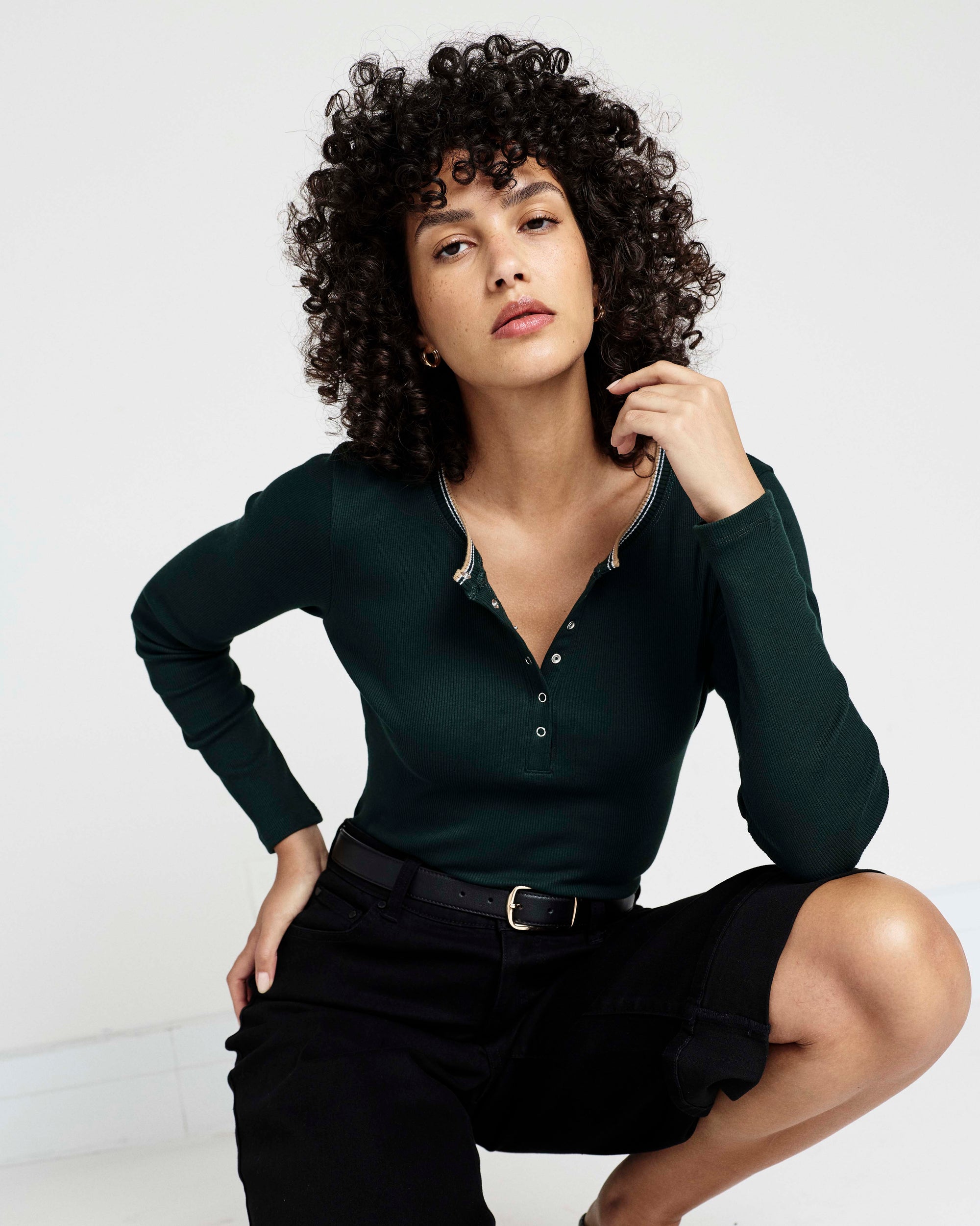 Henley Long Sleeve Ribbed Tee - Forest Green/Striped Trim | Plus Size & Straight Size Women's Fashion | Universal Standard