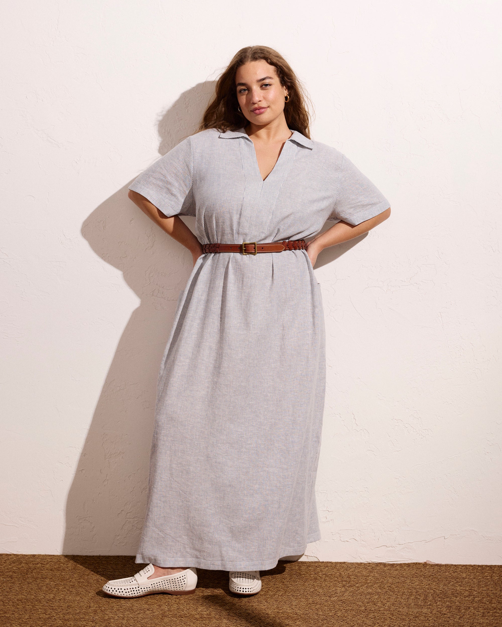 Woman wearing Padma Polo Neck Linen Dress - Beach Stripe from Universal Standard