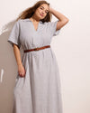 Woman wearing Padma Polo Neck Linen Dress - Beach Stripe from Universal Standard