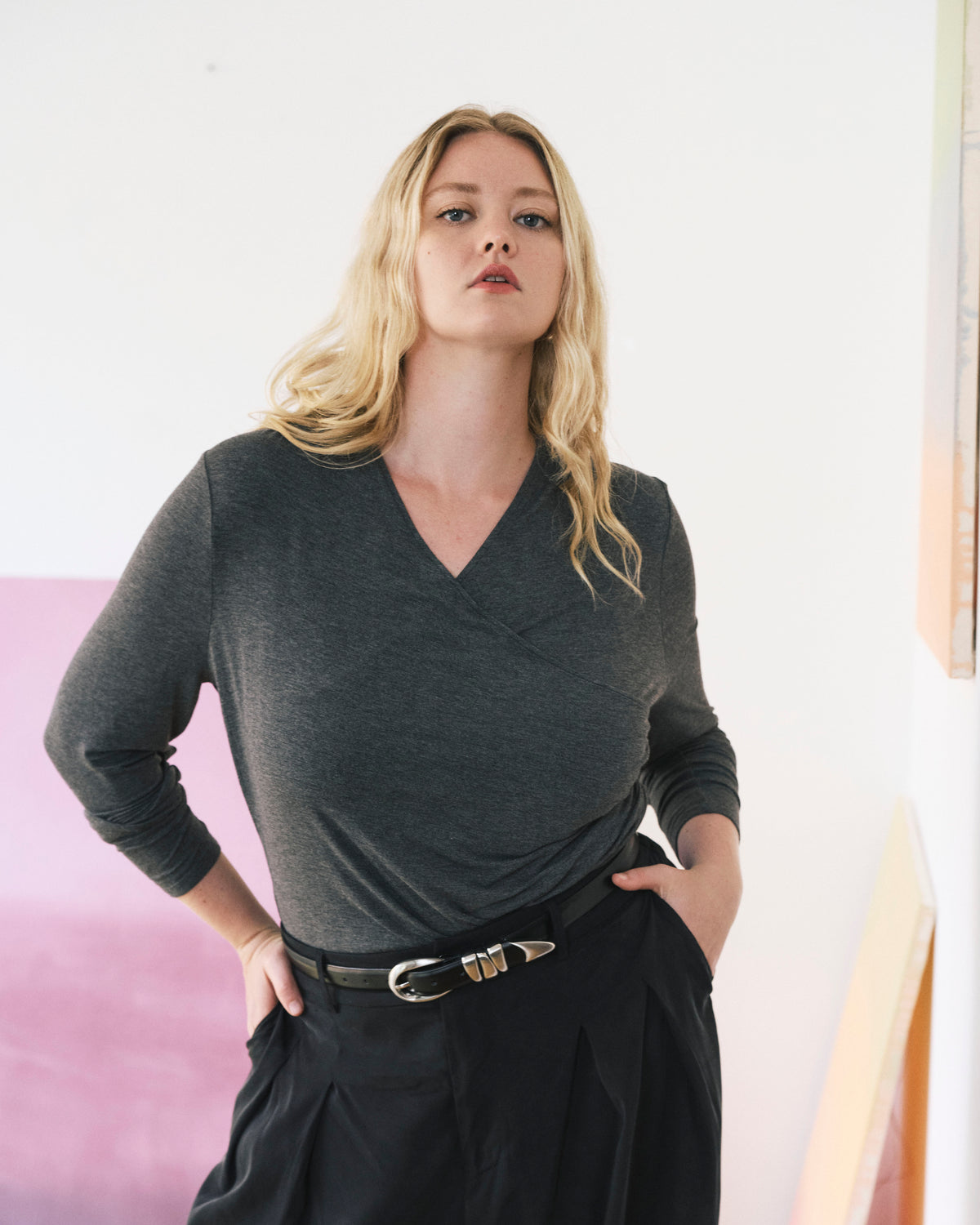 Tau Wrap Neck Liquid Jersey Top - Dark Gray Heather | Plus Size & Straight Size Women's Fashion | Universal Standard