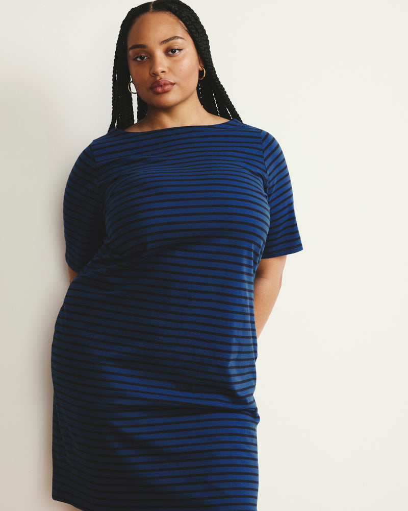 Woman wearing Belle Breton Stripe Jersey Dress - Deep Teal/Black Stripe from Universal Standard