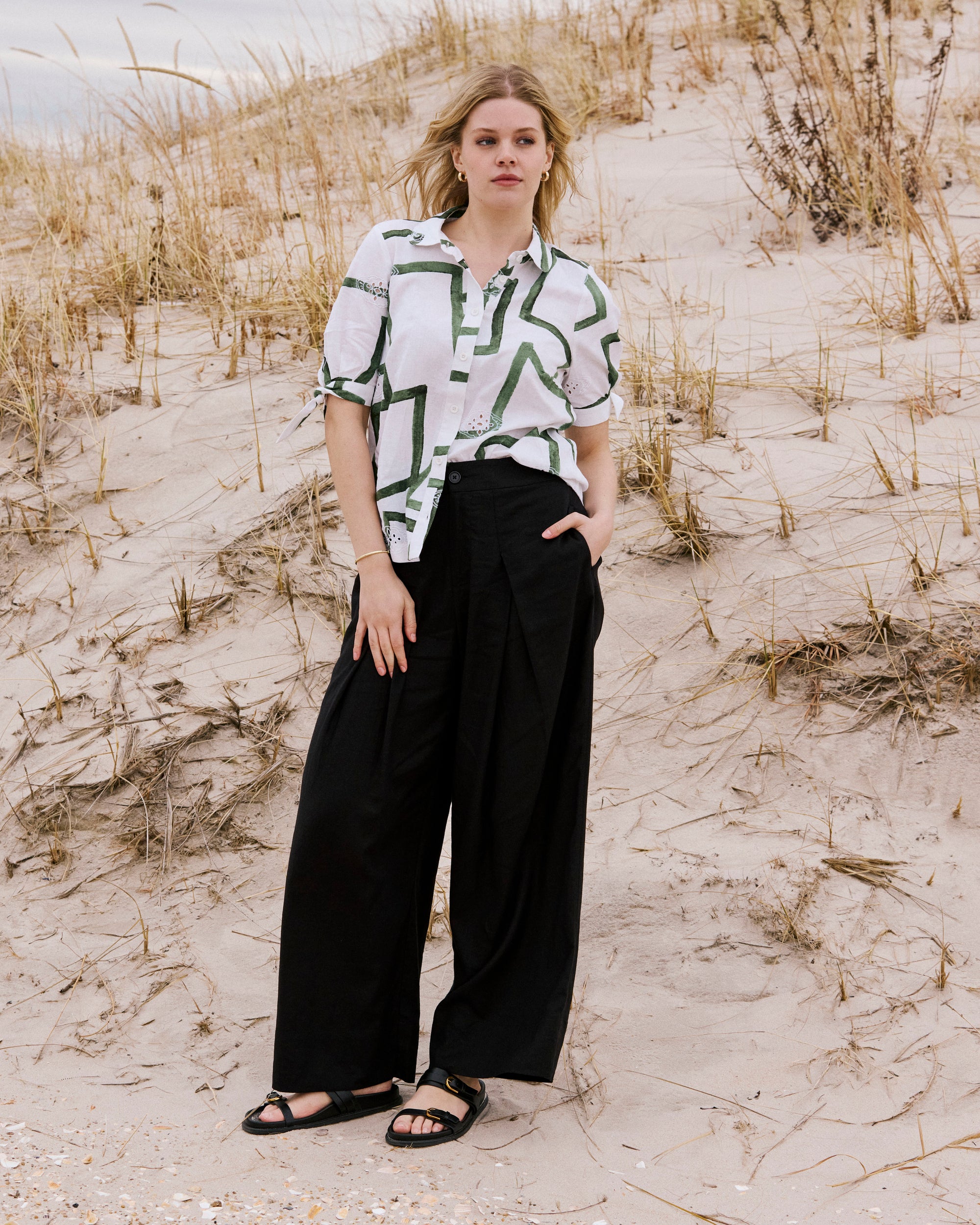 Luisa Short Sleeve Linen Shirt - / Green Paint Print- Size2XS - by Universal Standard Luisa Short Sleeve Linen Shirt - / Green Paint Print- Size2XS - by Universal Standard