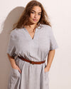 Woman wearing Padma Polo Neck Linen Dress - Beach Stripe from Universal Standard