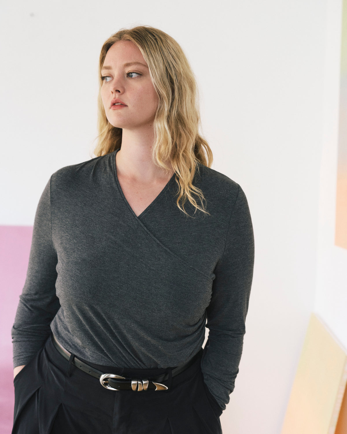 Tau Wrap Neck Liquid Jersey Top - Dark Gray Heather | Plus Size & Straight Size Women's Fashion | Universal Standard