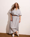 Woman wearing Padma Polo Neck Linen Dress - Beach Stripe from Universal Standard