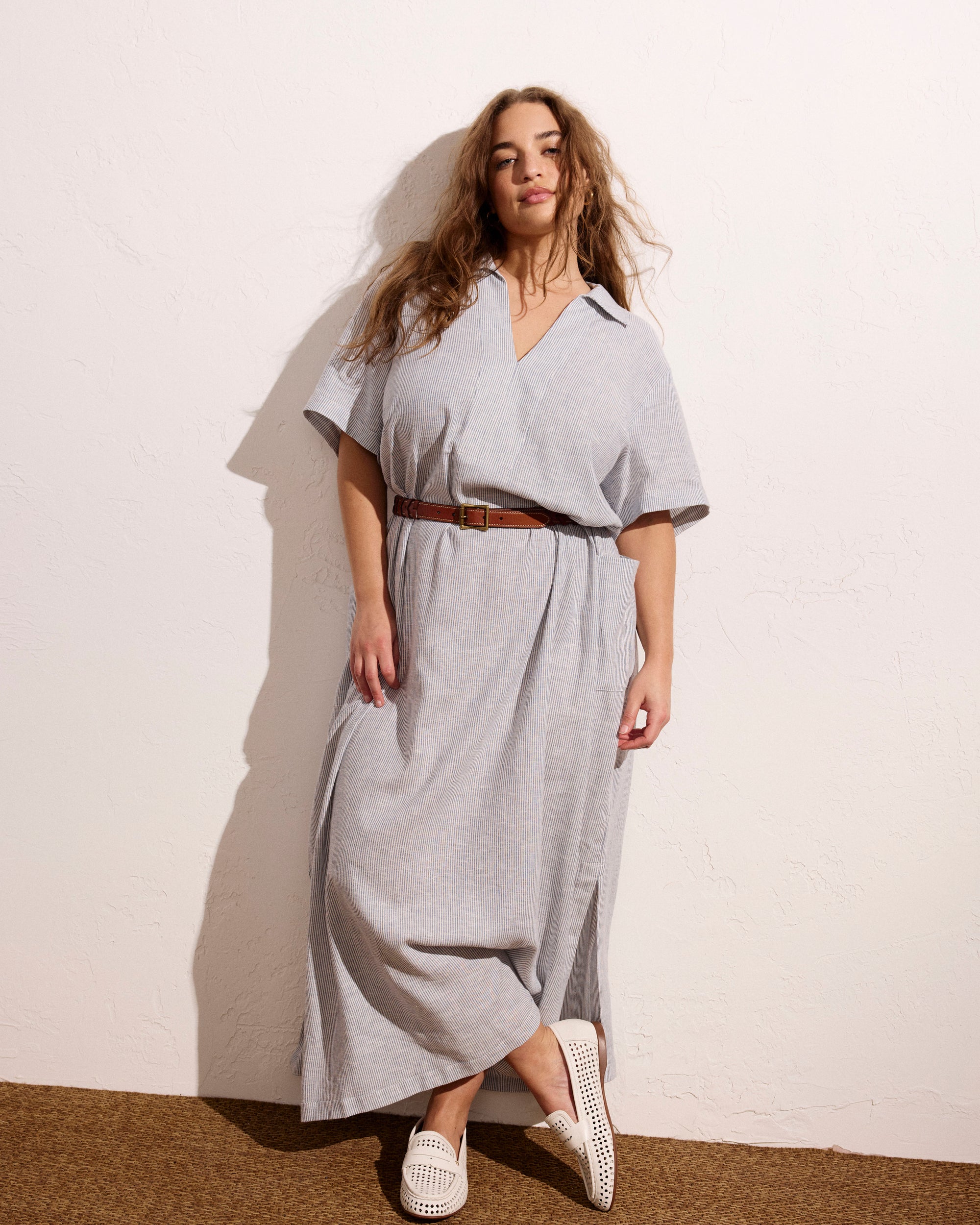 Woman wearing Padma Polo Neck Linen Dress - Beach Stripe from Universal Standard