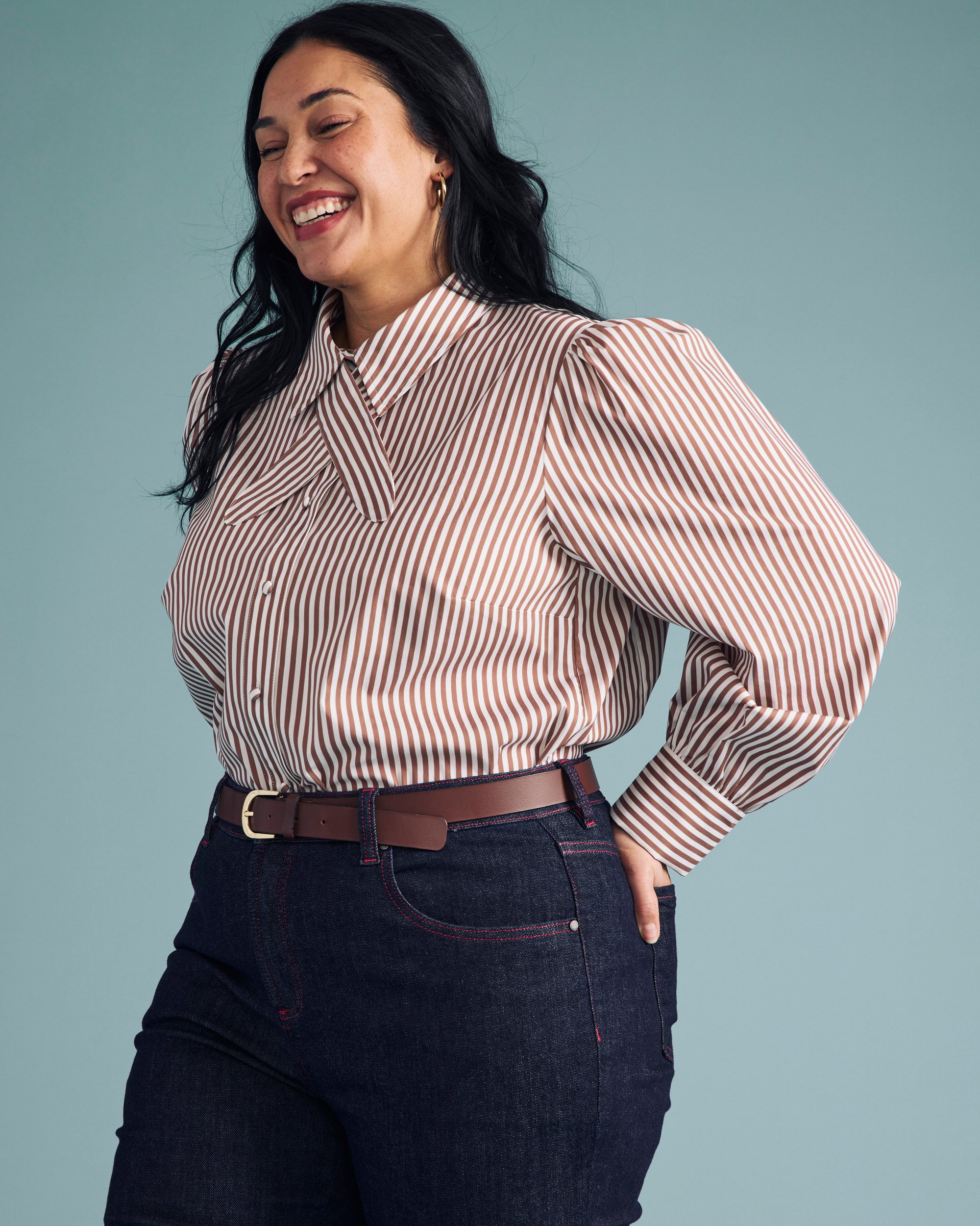 Janet Tie-Neck Cotton Poplin Shirt - Allspice/White Stripe