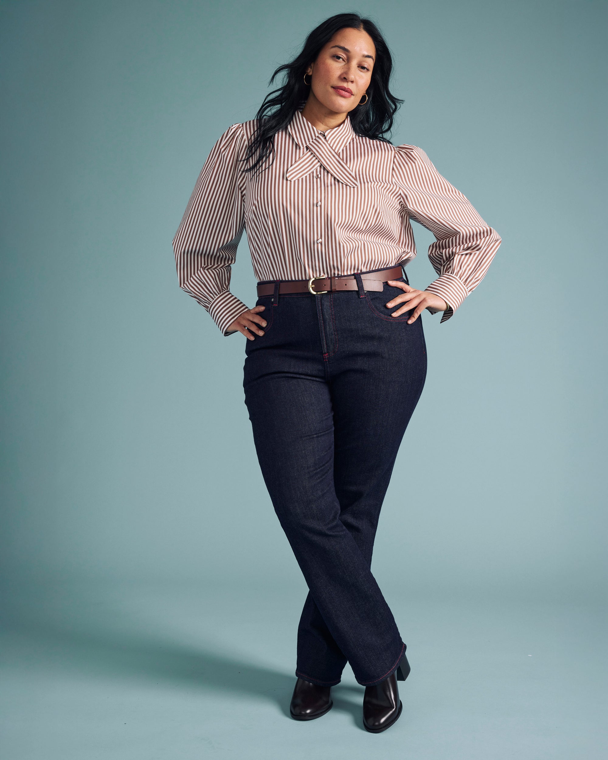 Janet Tie-Neck Cotton Poplin Shirt - Allspice/White Stripe