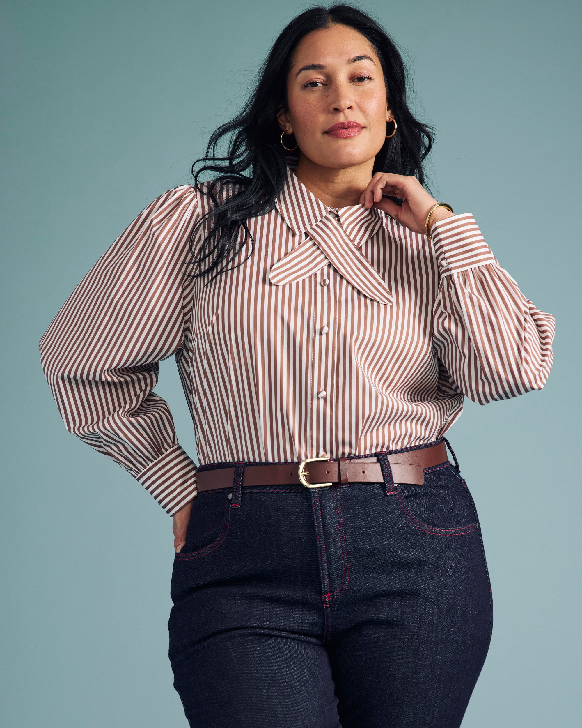 Janet Tie-Neck Cotton Poplin Shirt - Allspice/White Stripe