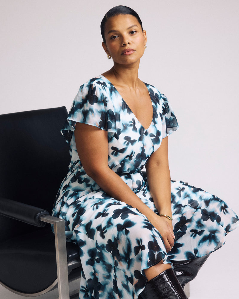 Woman wearing Sevilla Chiffon Dress - Primrose Hill Print from Universal Standard