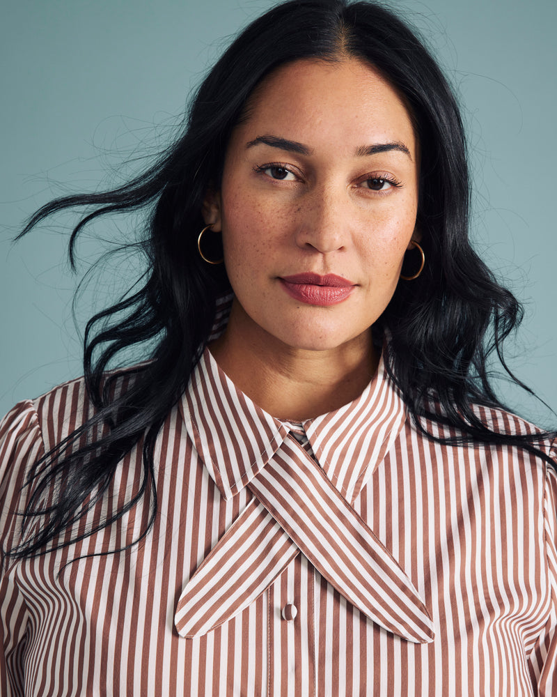 Janet Tie-Neck Cotton Poplin Shirt - Allspice/White Stripe