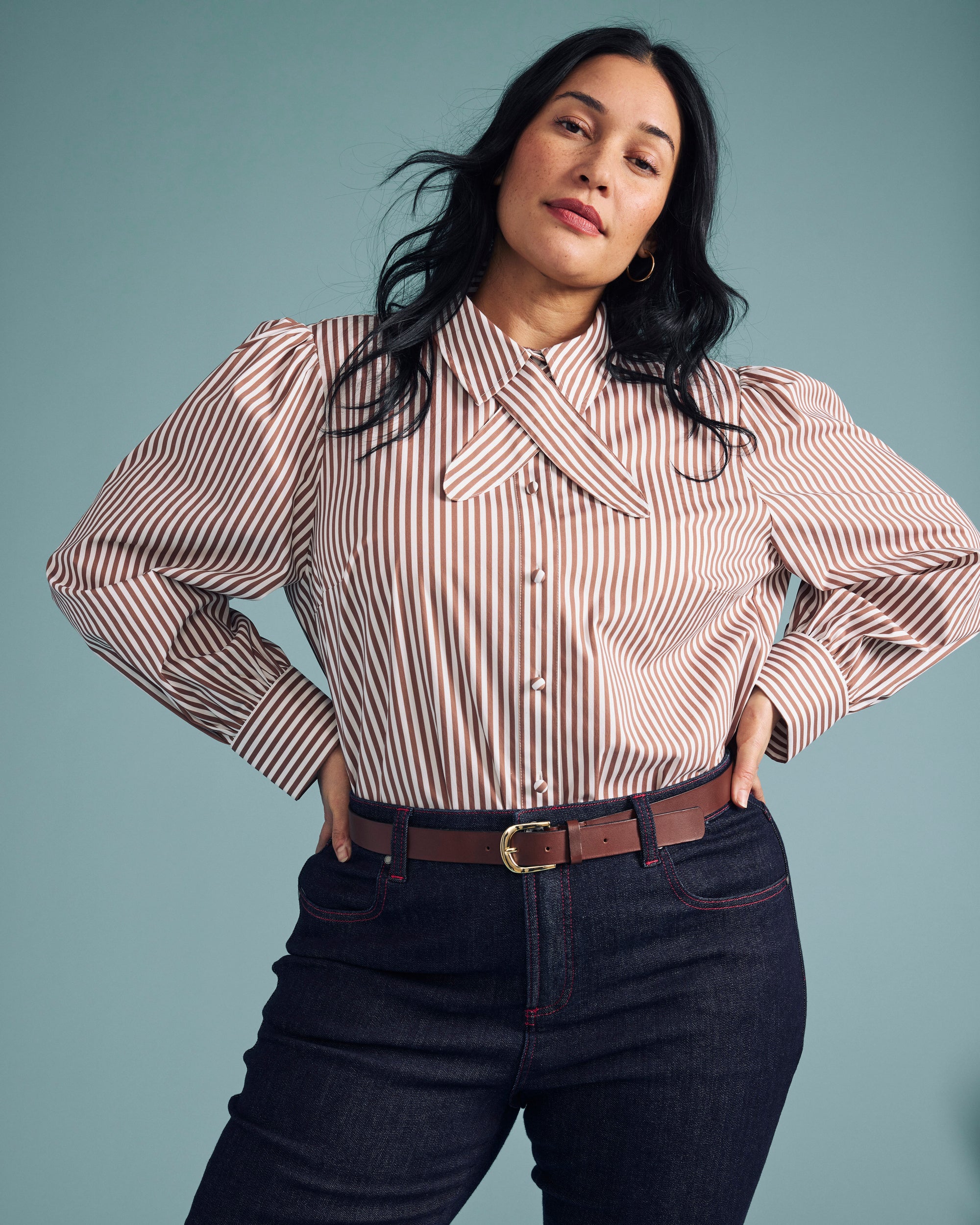 Janet Tie-Neck Cotton Poplin Shirt - Allspice/White Stripe