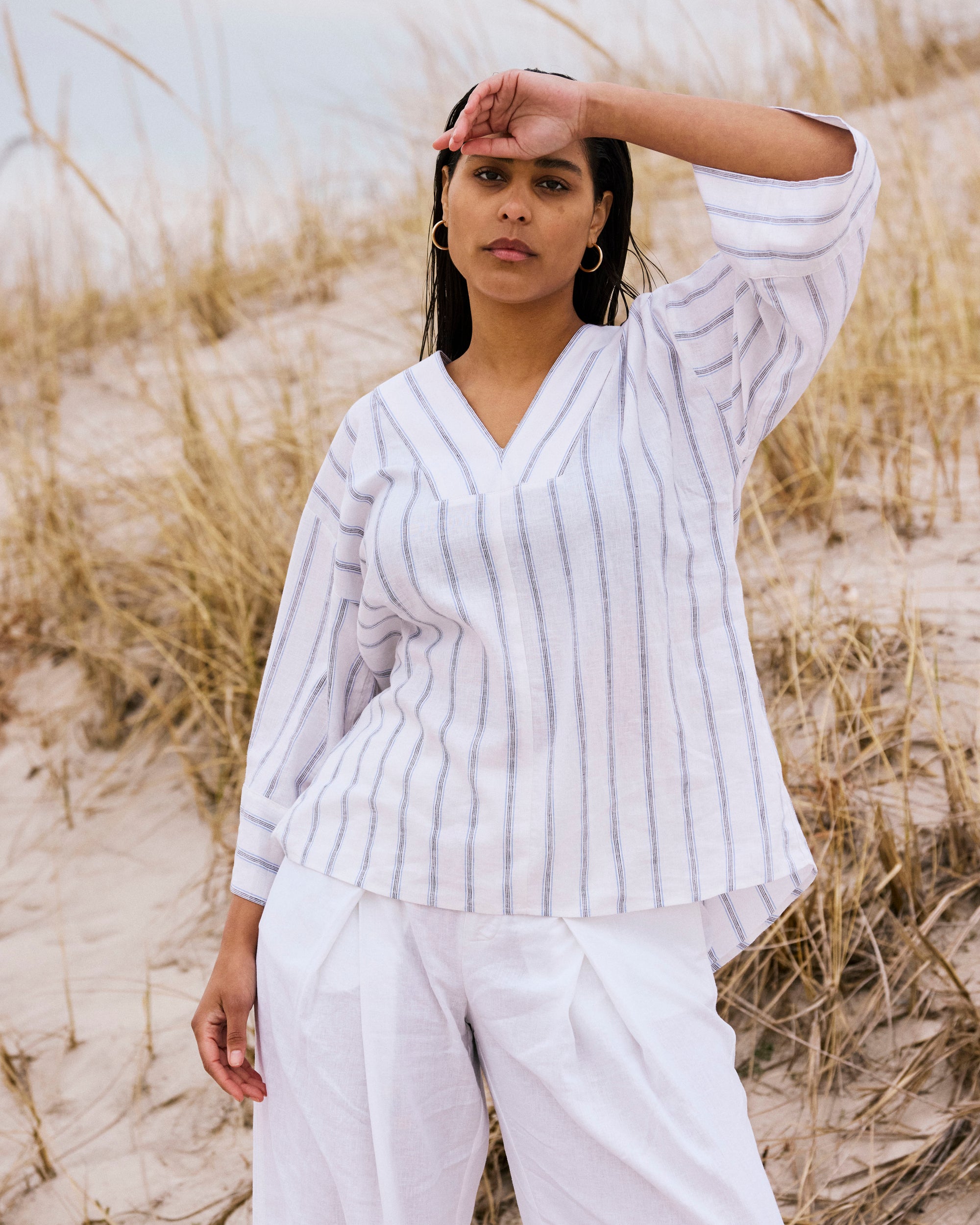 Elio V-Neck Linen Blend Top - Mayfair Stripe | Plus Size & Straight Size Women's Fashion | Universal Standard