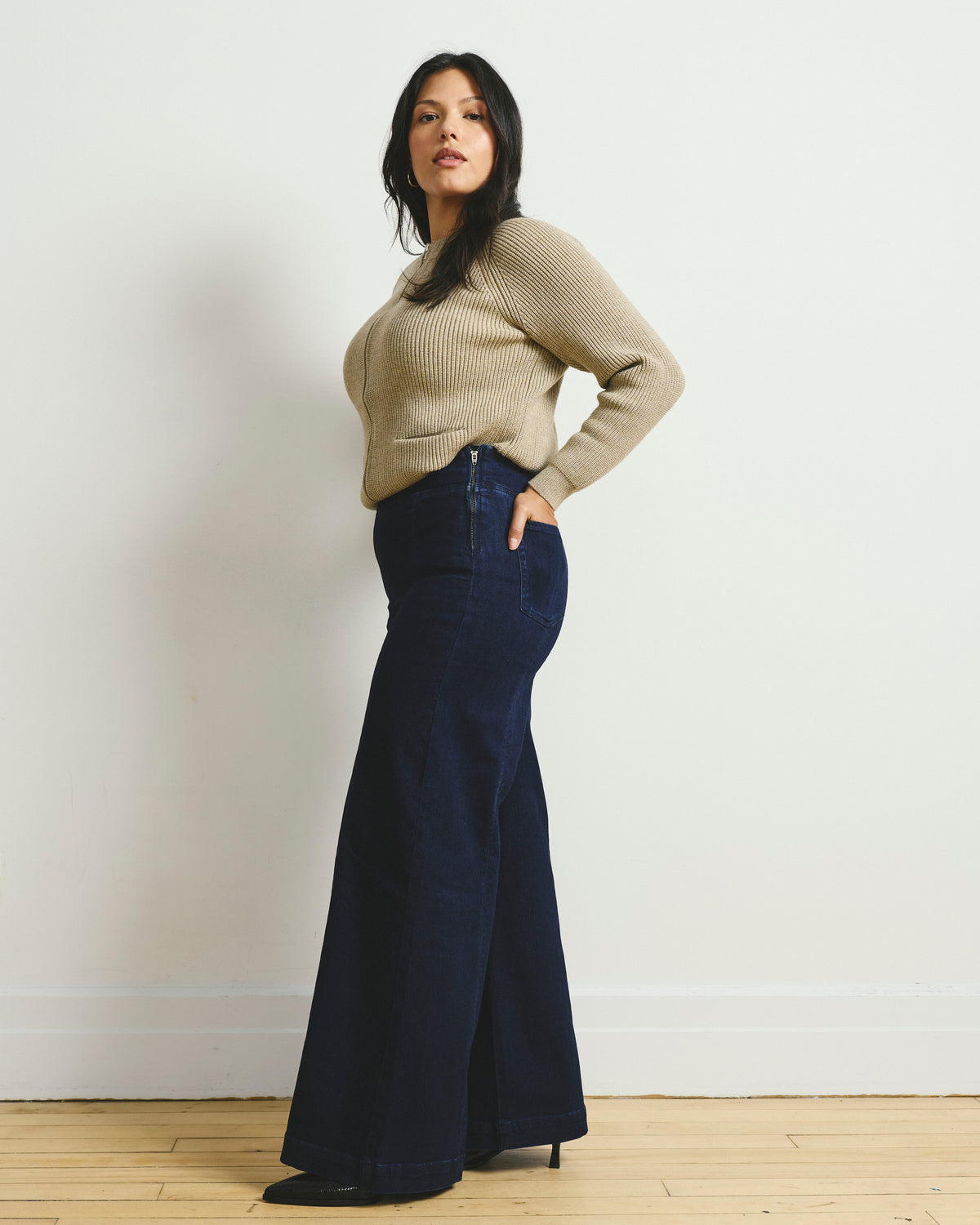 Olivia Side-Zip Pintuck Wide Leg Jeans - Dark Indigo