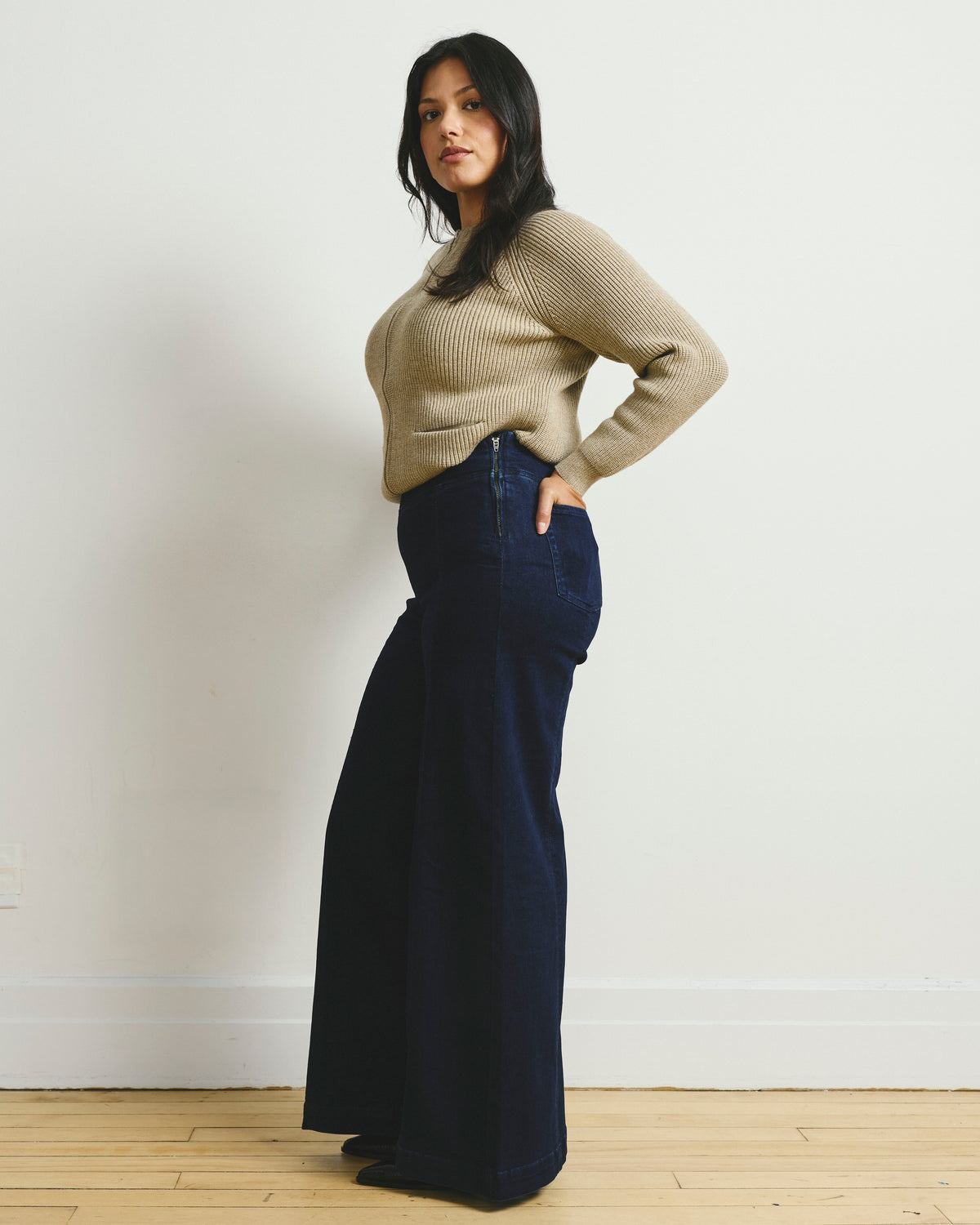 Olivia Side-Zip Pintuck Wide Leg Jeans - Dark Indigo