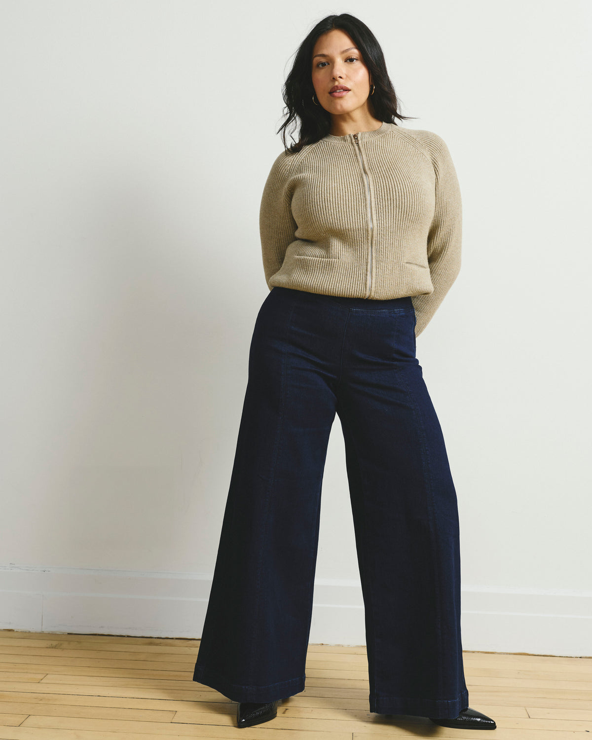Olivia Side-Zip Pintuck Wide Leg Jeans - Dark Indigo