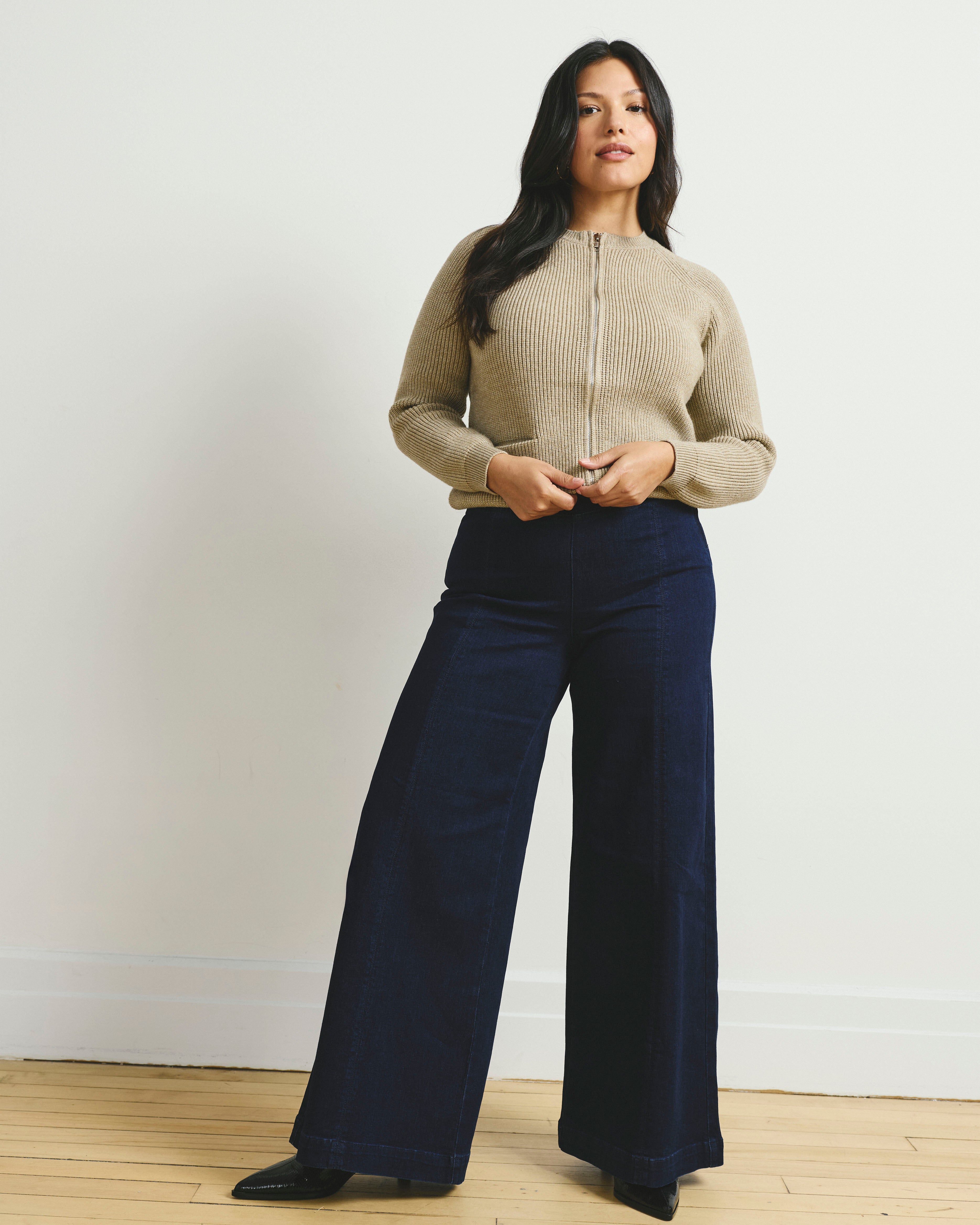 Olivia Side-Zip Pintuck Wide Leg Jeans - Dark Indigo