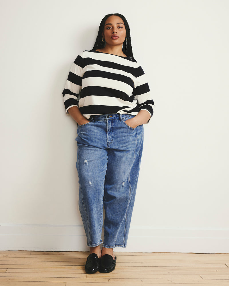 Woman wearing Belle Breton Stripe Jersey Tee - Ecru/Black Rugby Stripe from Universal Standard