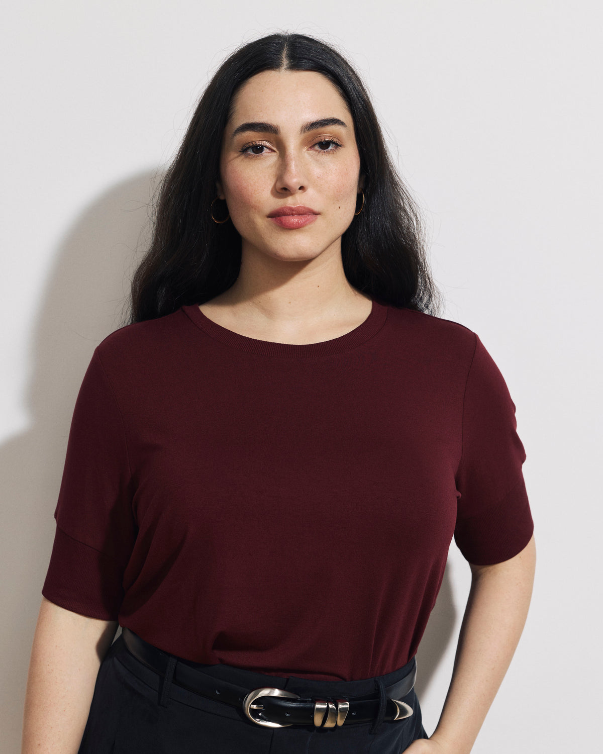 Aimee Liquid Jersey Rib Hem Tee - Deep Red | Plus Size & Straight Size Women's Fashion | Universal Standard