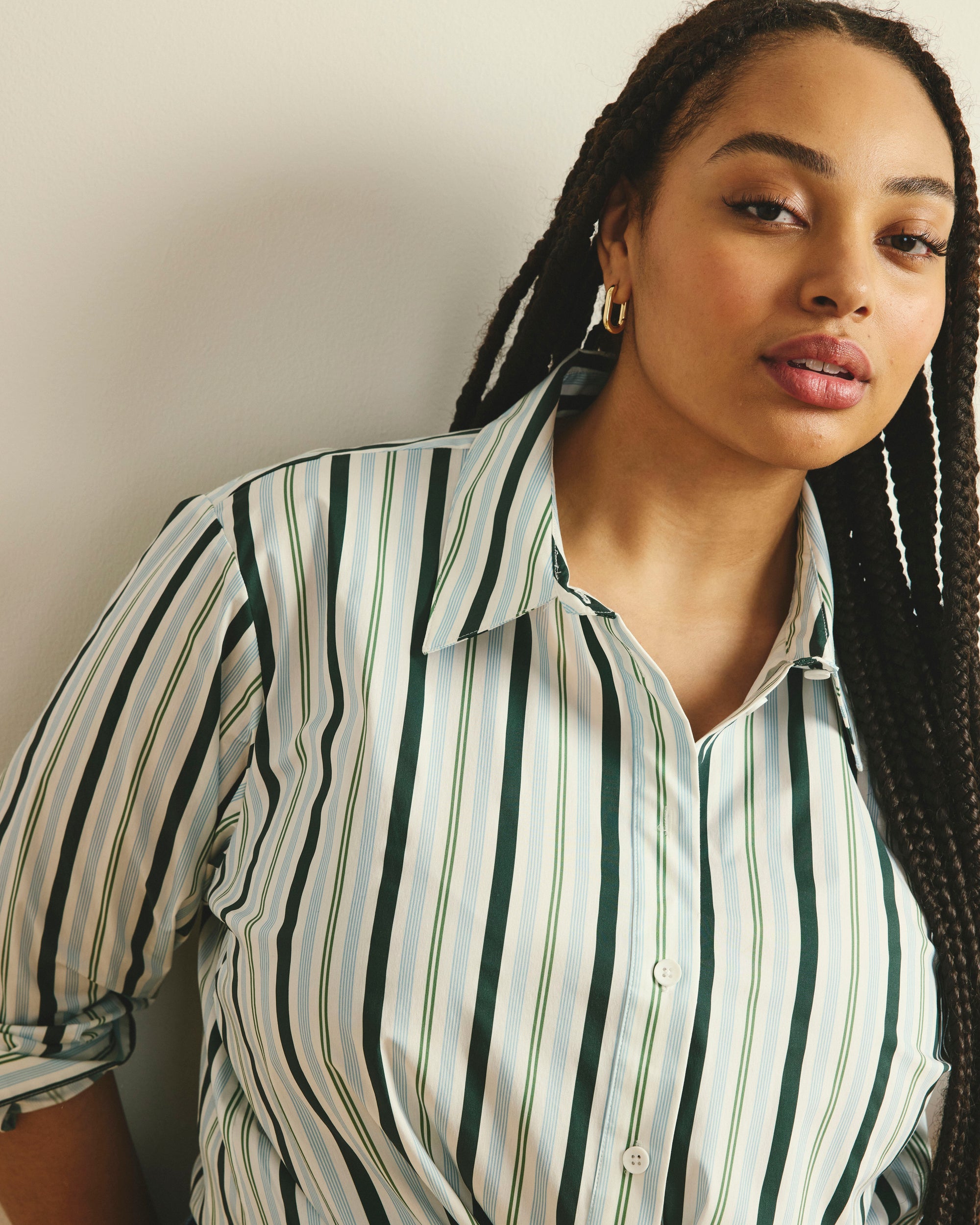 The Artist Poplin Shirt - Forest Green Multi Stripe | Plus Size & Straight Size Women's Fashion | Universal Standard