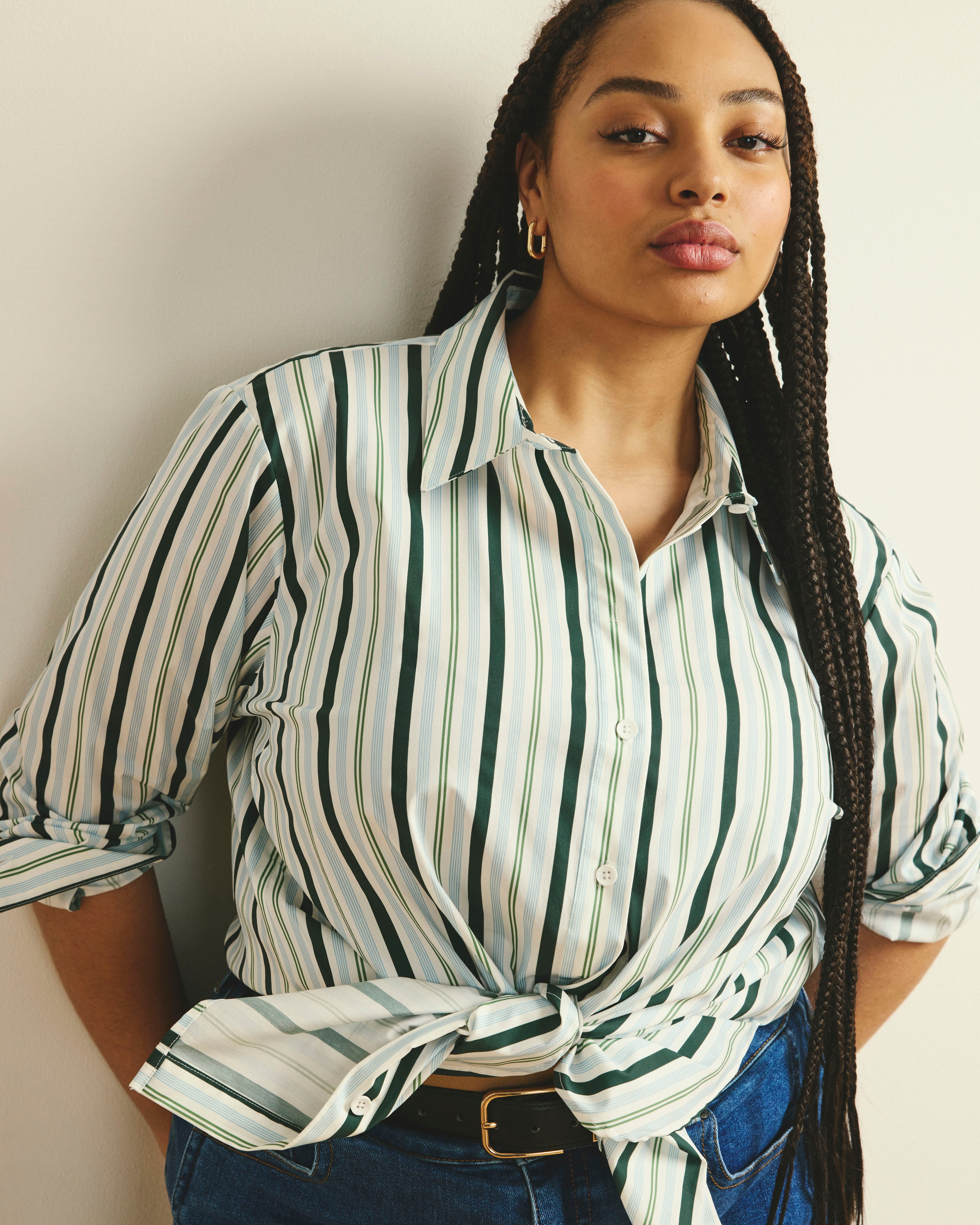 The Artist Poplin Shirt - Forest Green Multi Stripe | Plus Size & Straight Size Women's Fashion | Universal Standard