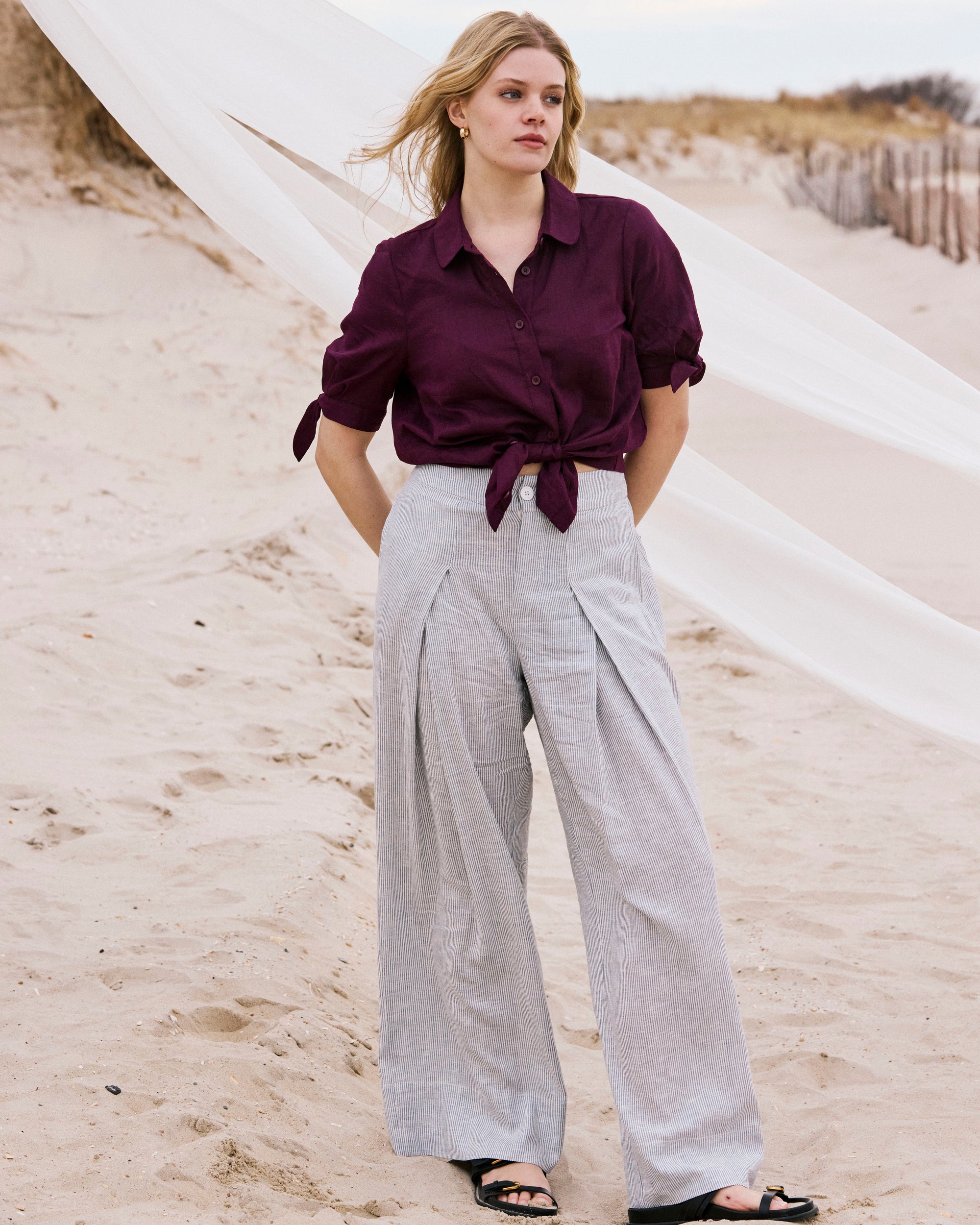 Plus Size - Marley Wide Leg Linen Pants - / Beach Stripe- Size2XS - by Universal Standard Plus Size - Marley Wide Leg Linen Pants - / Beach Stripe- Size2XS - by Universal Standard