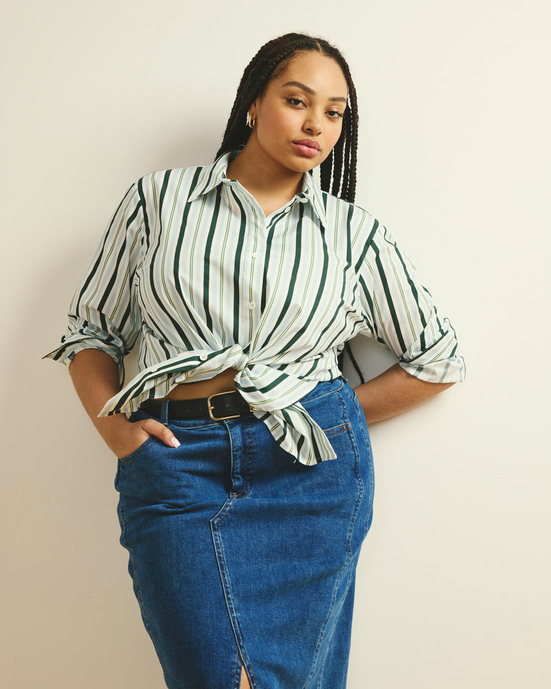 Woman wearing The Artist Poplin Shirt - Forest Green Multi Stripe from Fit Liberty