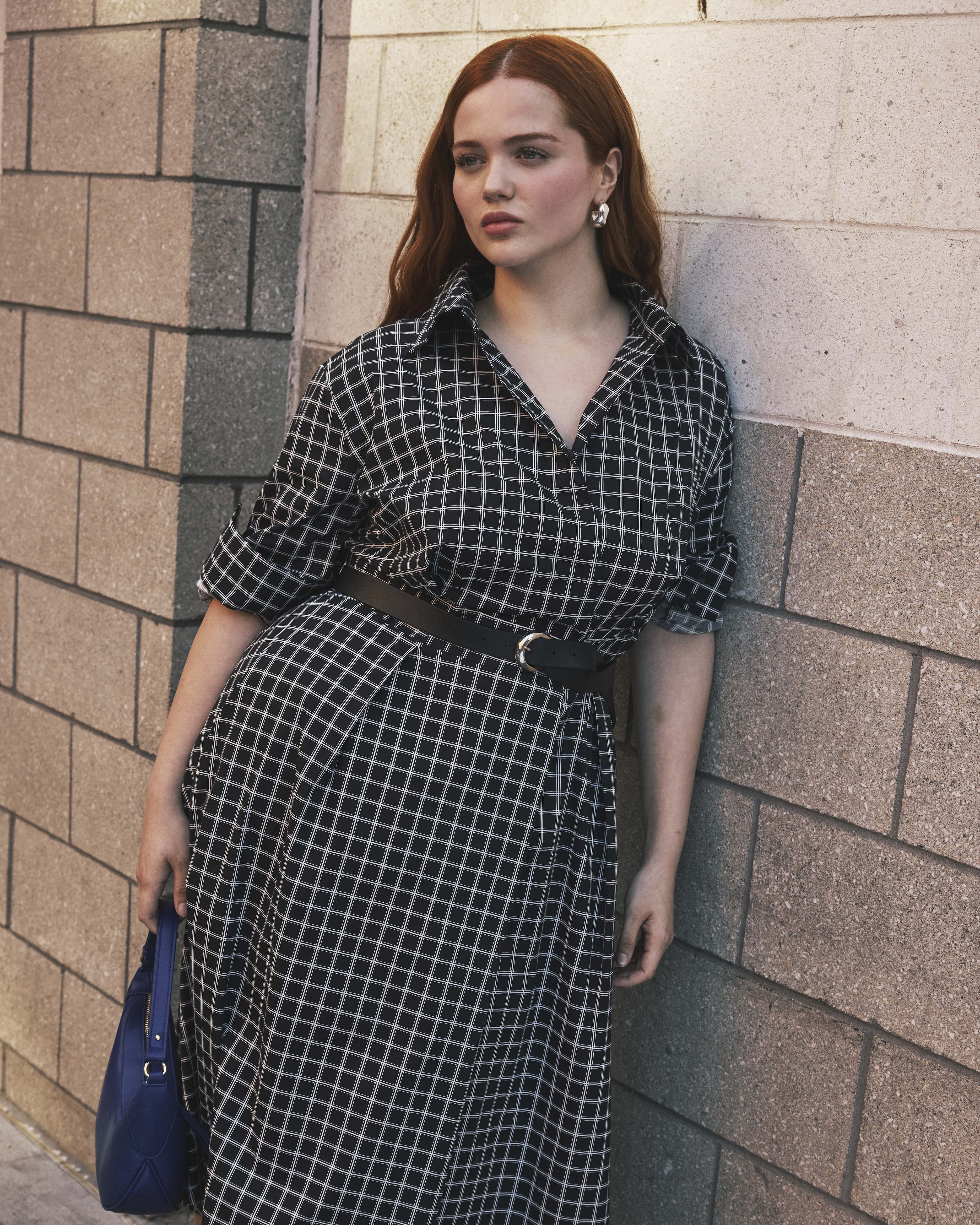 Samia Faux Wrap Cotton Poplin Dress - Black Windowpane Check
