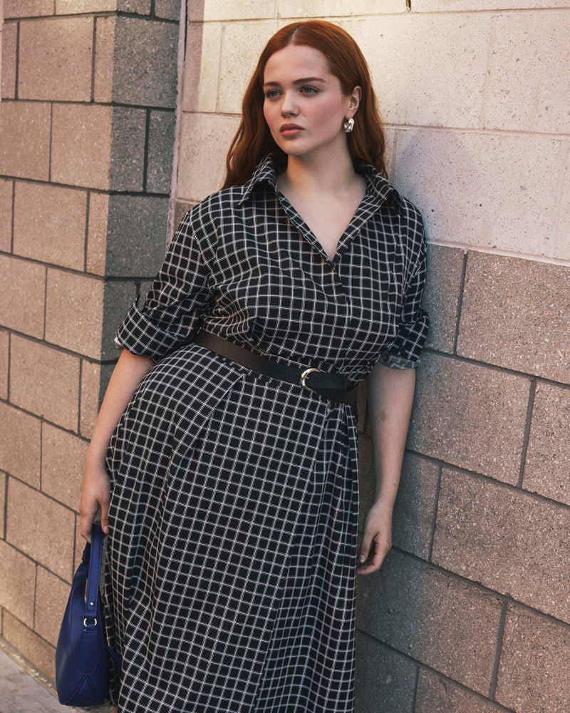 Samia Faux Wrap Cotton Poplin Dress - Black Windowpane Check | Plus Size & Straight Size Women's Fashion | Universal Standard