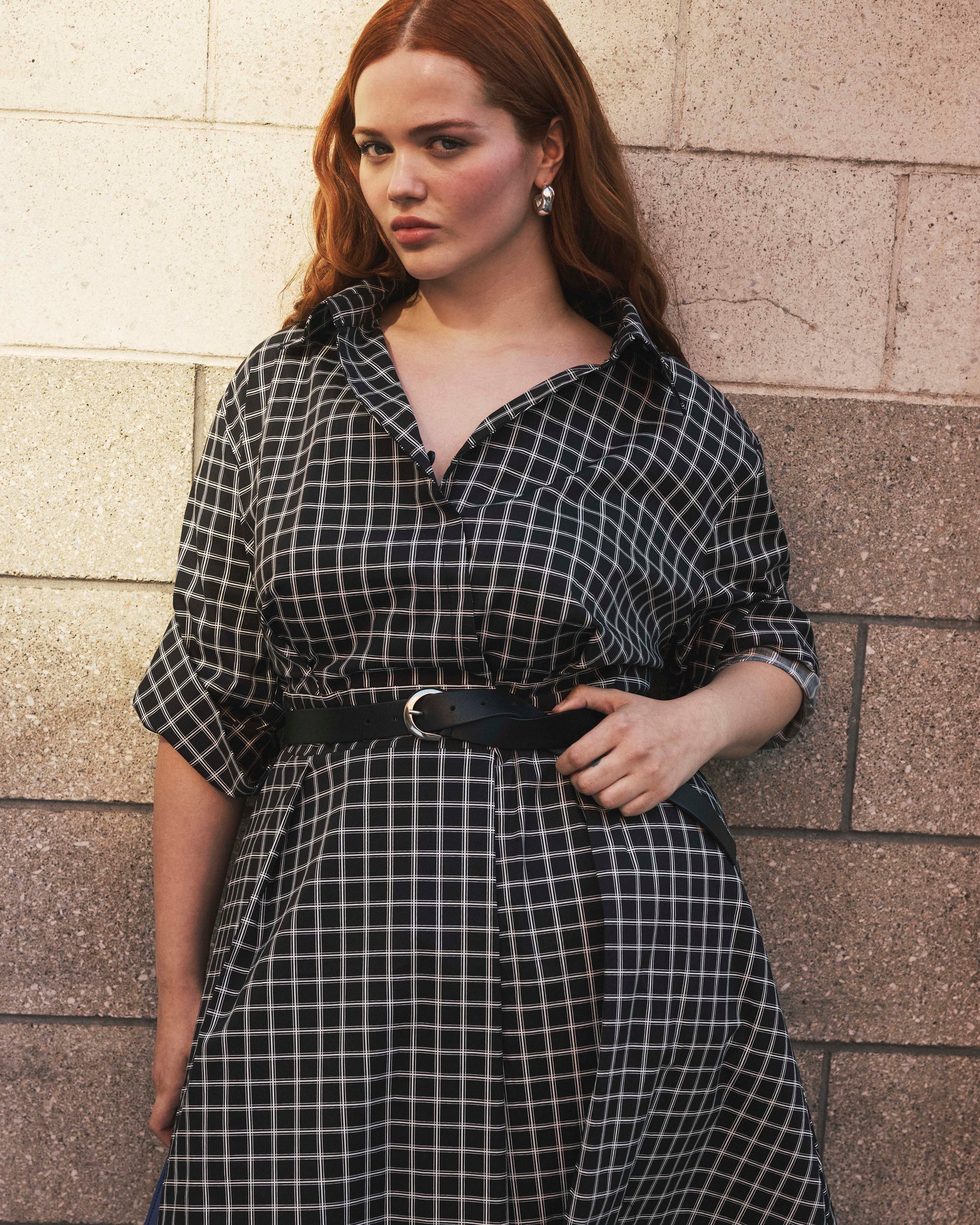 Samia Faux Wrap Cotton Poplin Dress - Black Windowpane Check | Plus Size & Straight Size Women's Fashion | Universal Standard
