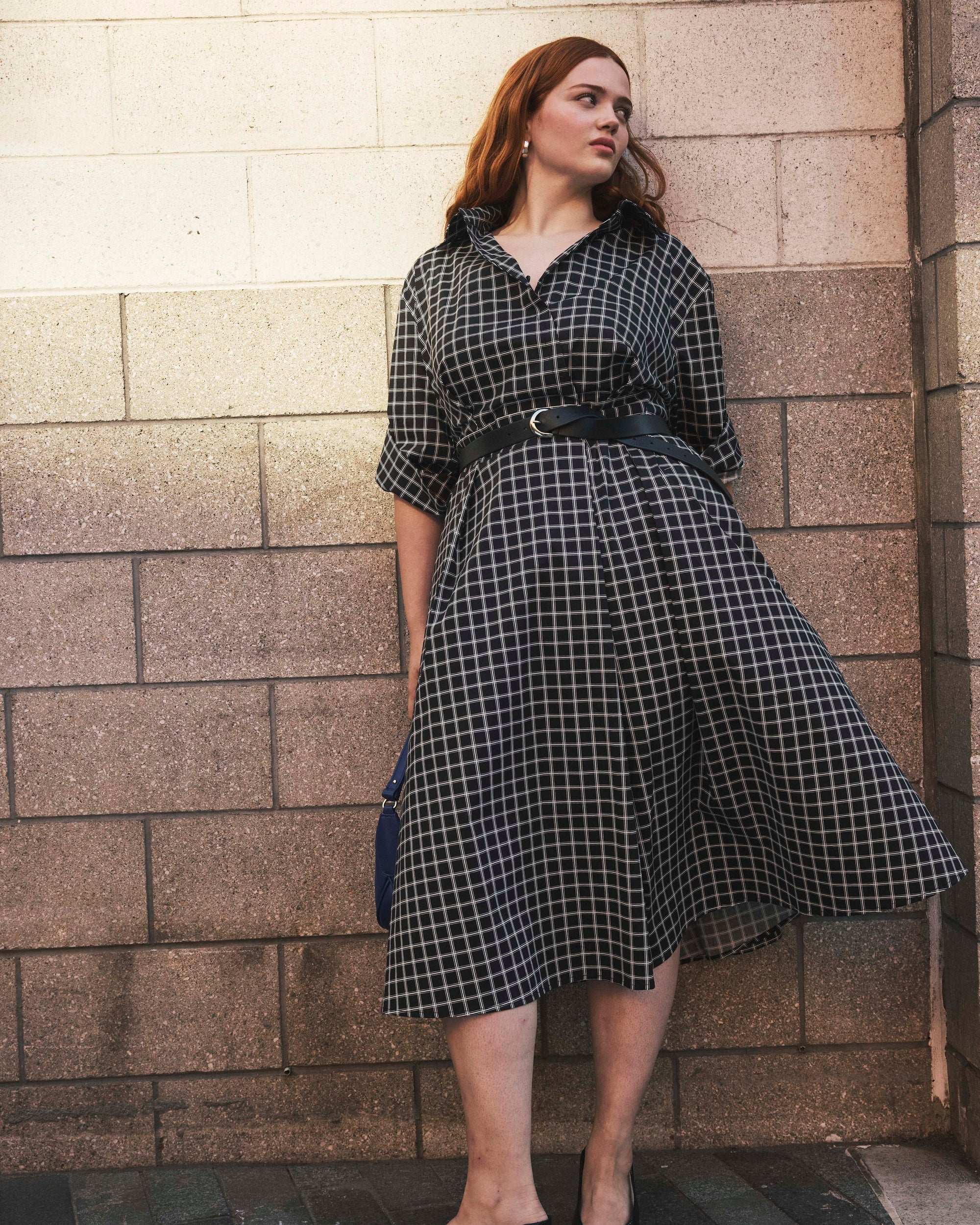 Samia Faux Wrap Cotton Poplin Dress - Black Windowpane Check | Plus Size & Straight Size Women's Fashion | Universal Standard