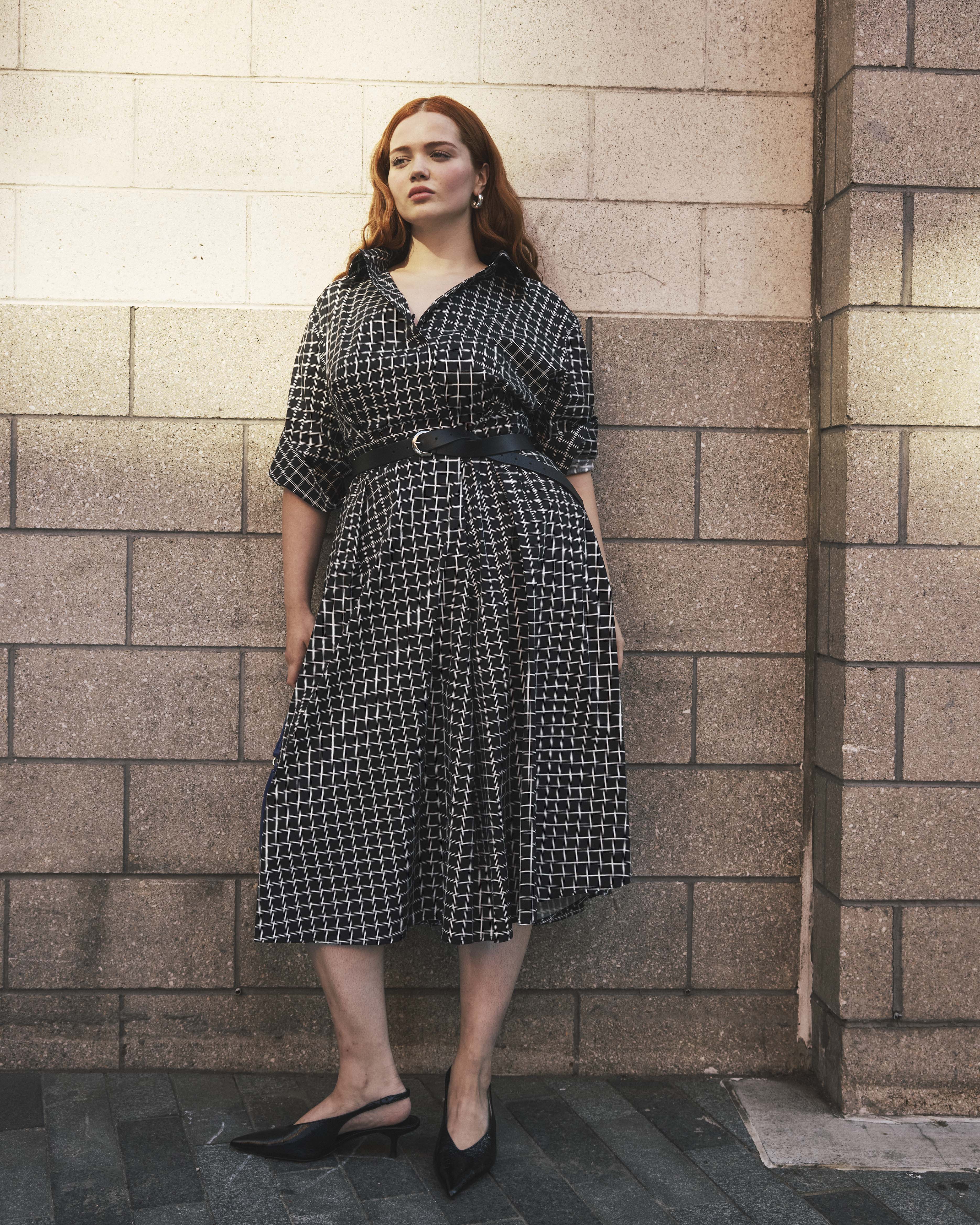 Samia Faux Wrap Cotton Poplin Dress - Black Windowpane Check
