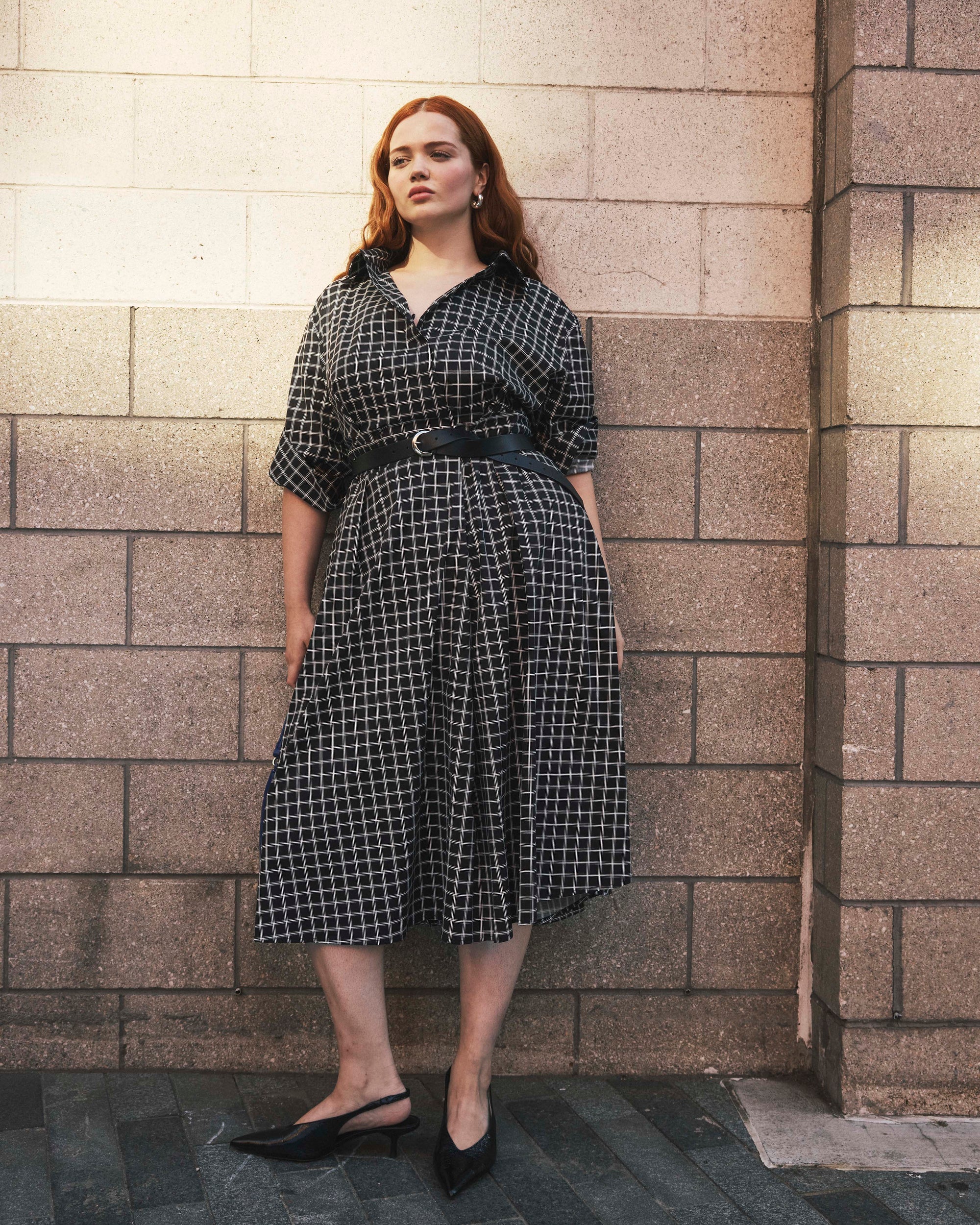 Samia Faux Wrap Cotton Poplin Dress - Black Windowpane Check | Plus Size & Straight Size Women's Fashion | Universal Standard