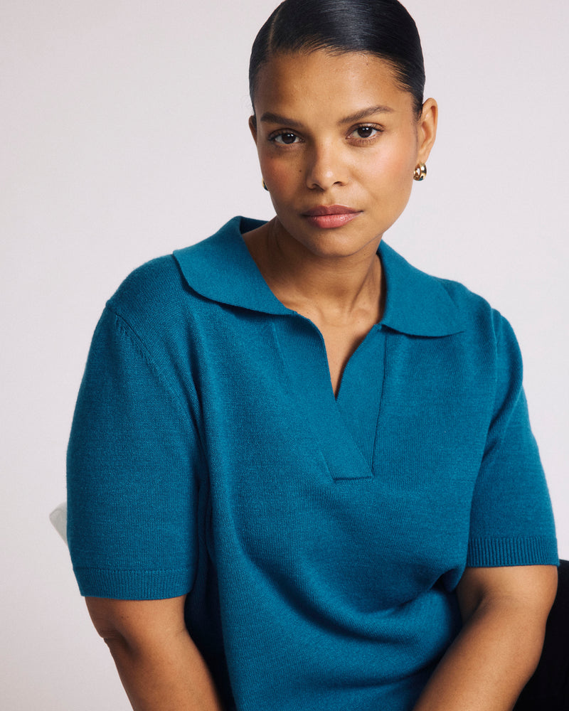 Savvy Fine Knit Short Sleeve Polo Sweater - Blue Beetle | Plus Size & Straight Size Women's Fashion | Universal Standard