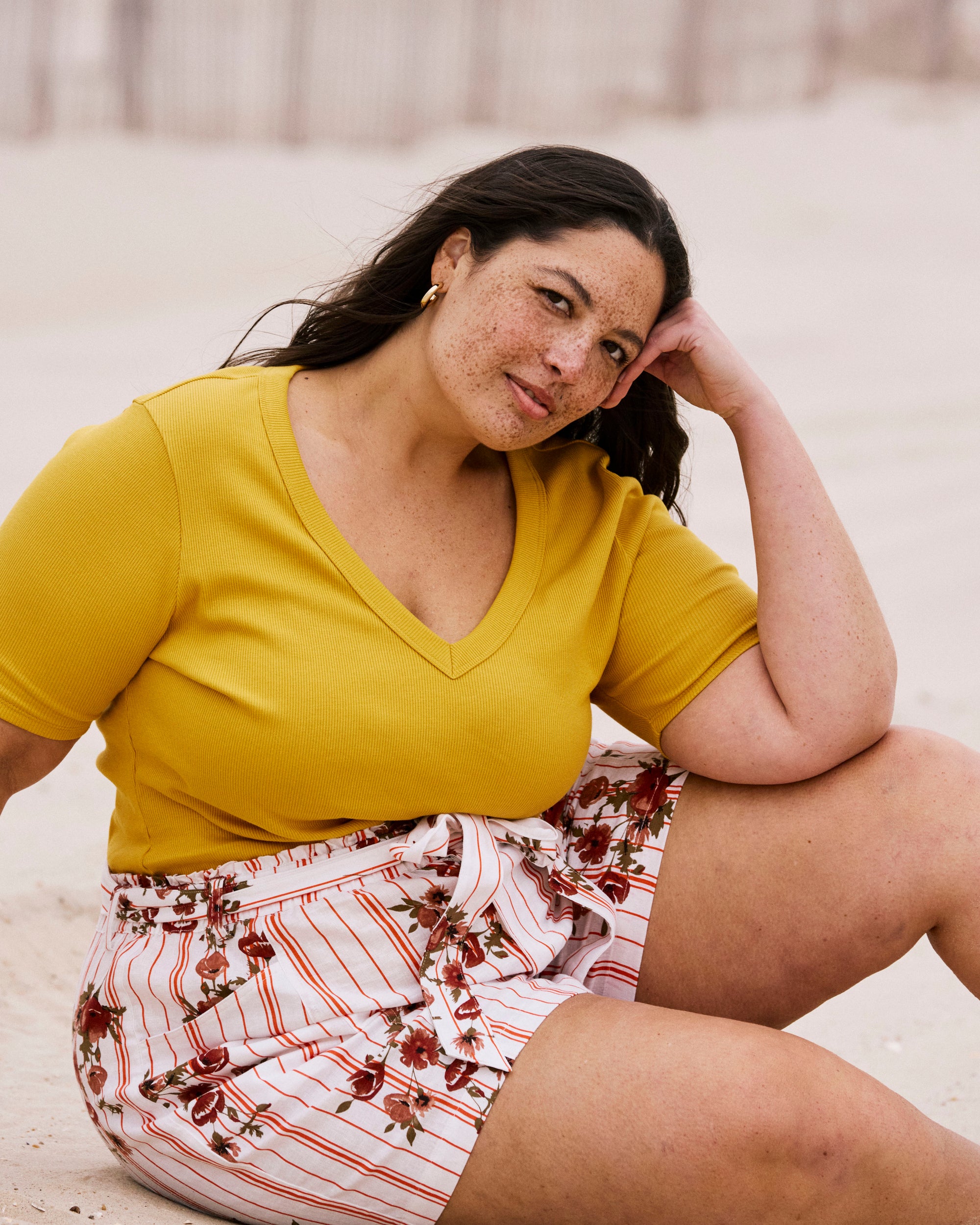 Harbor Stretch Linen Blend Paperbag Shorts - Wild Flower Bouquet Print on Stripes | Plus Size & Straight Size Women's Fashion | Universal Standard