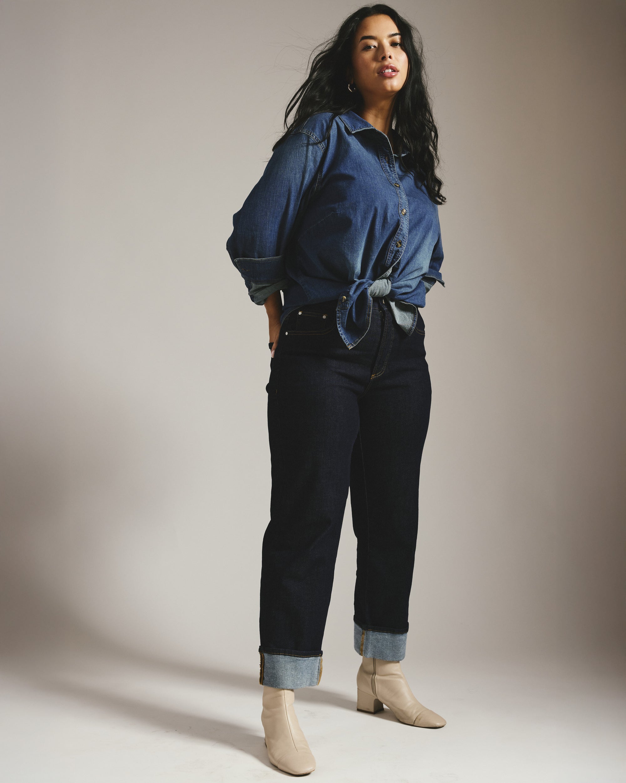 Stevie High Rise Cuffed Straight Leg Jeans - Vintage Indigo Selvedge