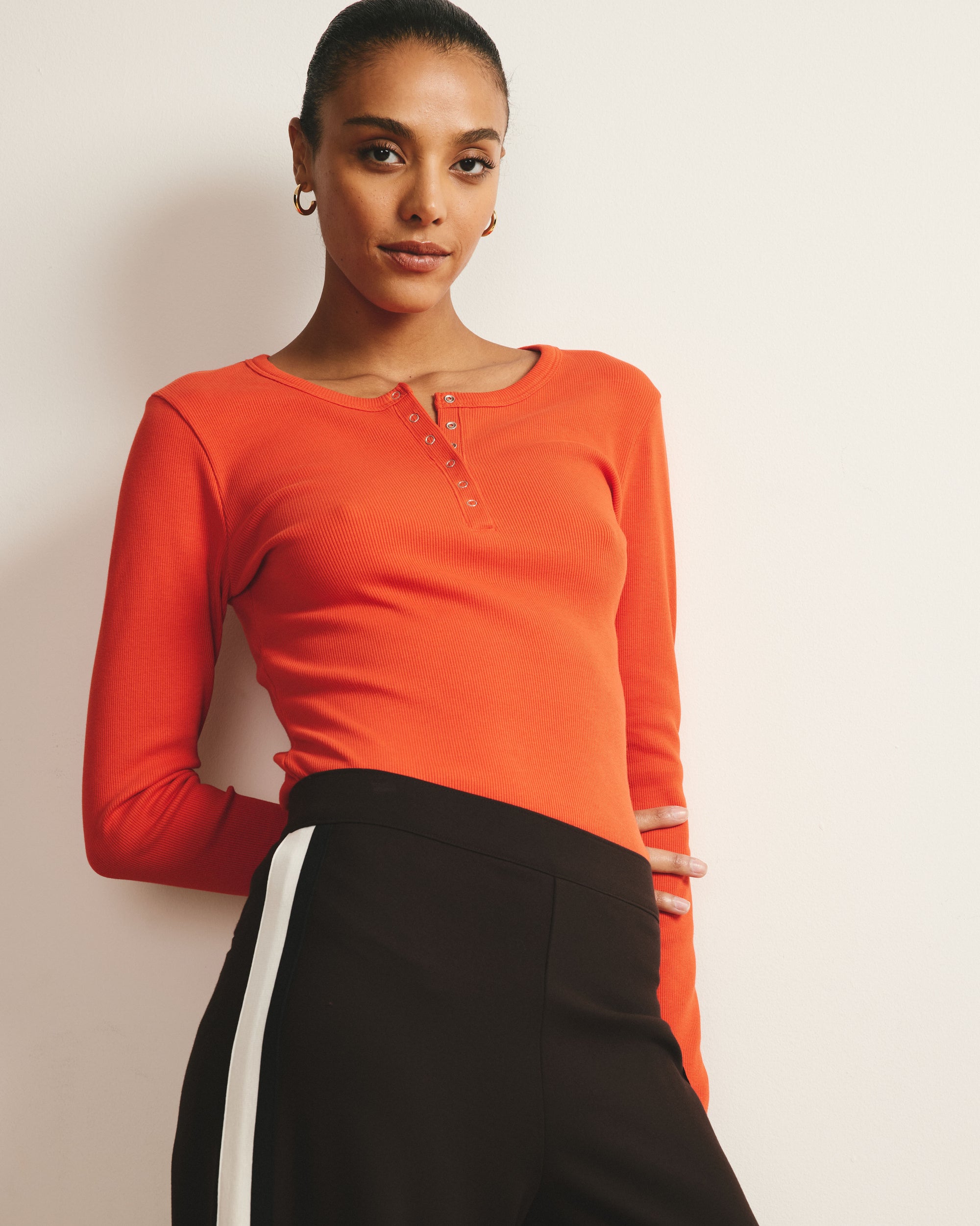 Henley Long Sleeve Ribbed Tee - Poppy