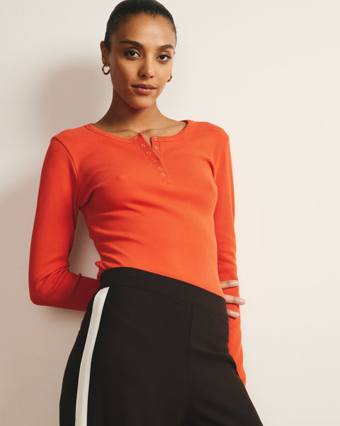 Kissfix Women's Long Sleeve Henley Top - Ribbed Knit, Button Detail, Fall Casual Blouse, Orange, X-Large - View #3