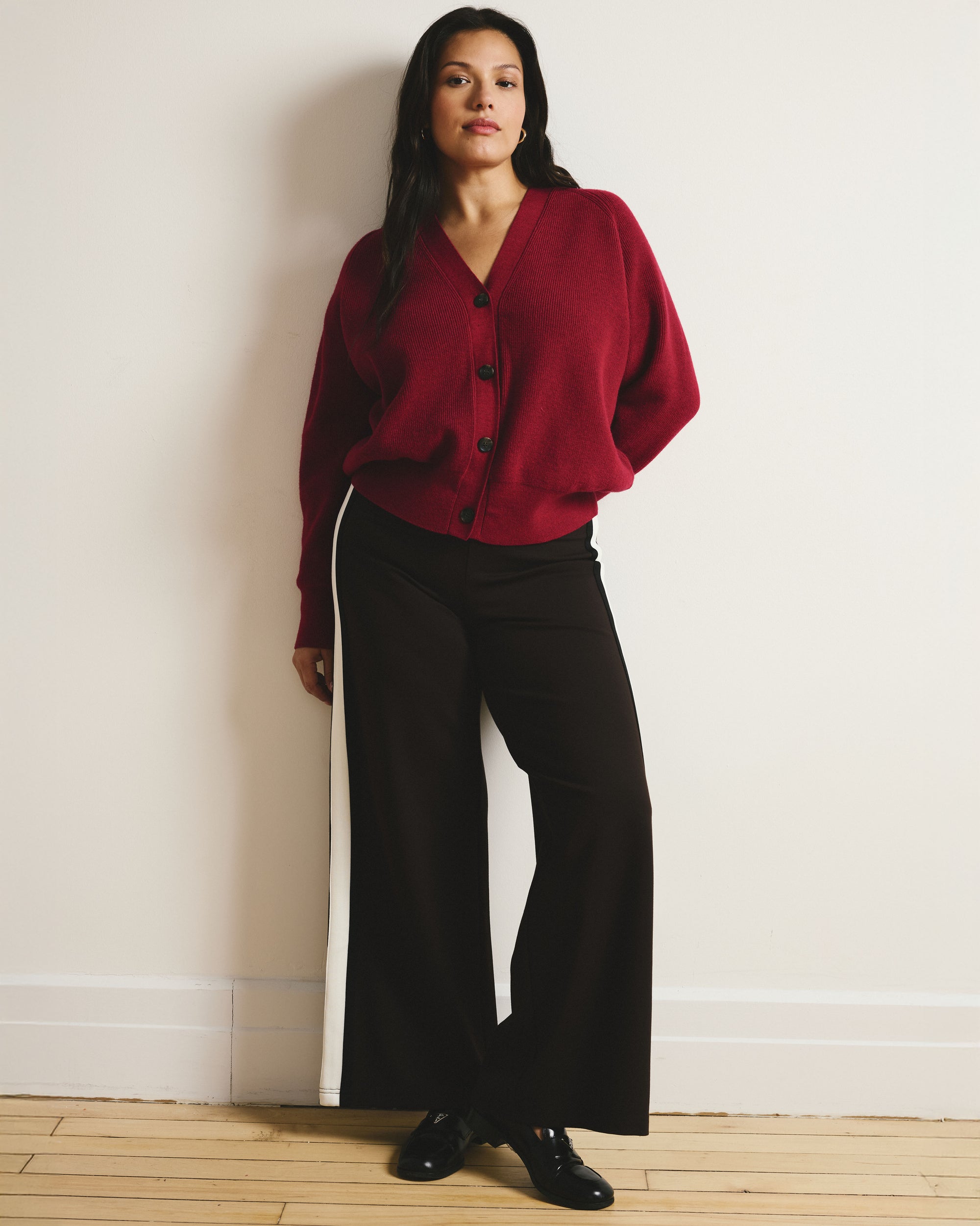 Stephanie Wide Leg Stripe Ponte Pants 30 Inch - Espresso with Black/Ecru Stripe